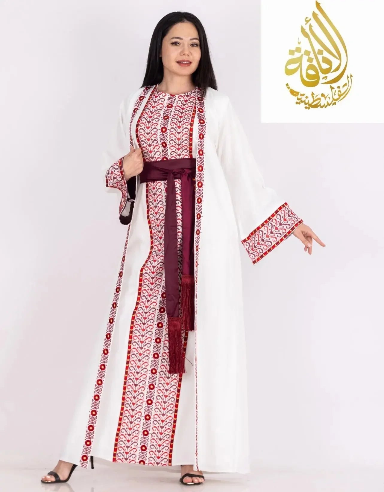 Palestinian Elegance embroidered 3-piece Ahlam modest dress outfit in black with red detailed pattern