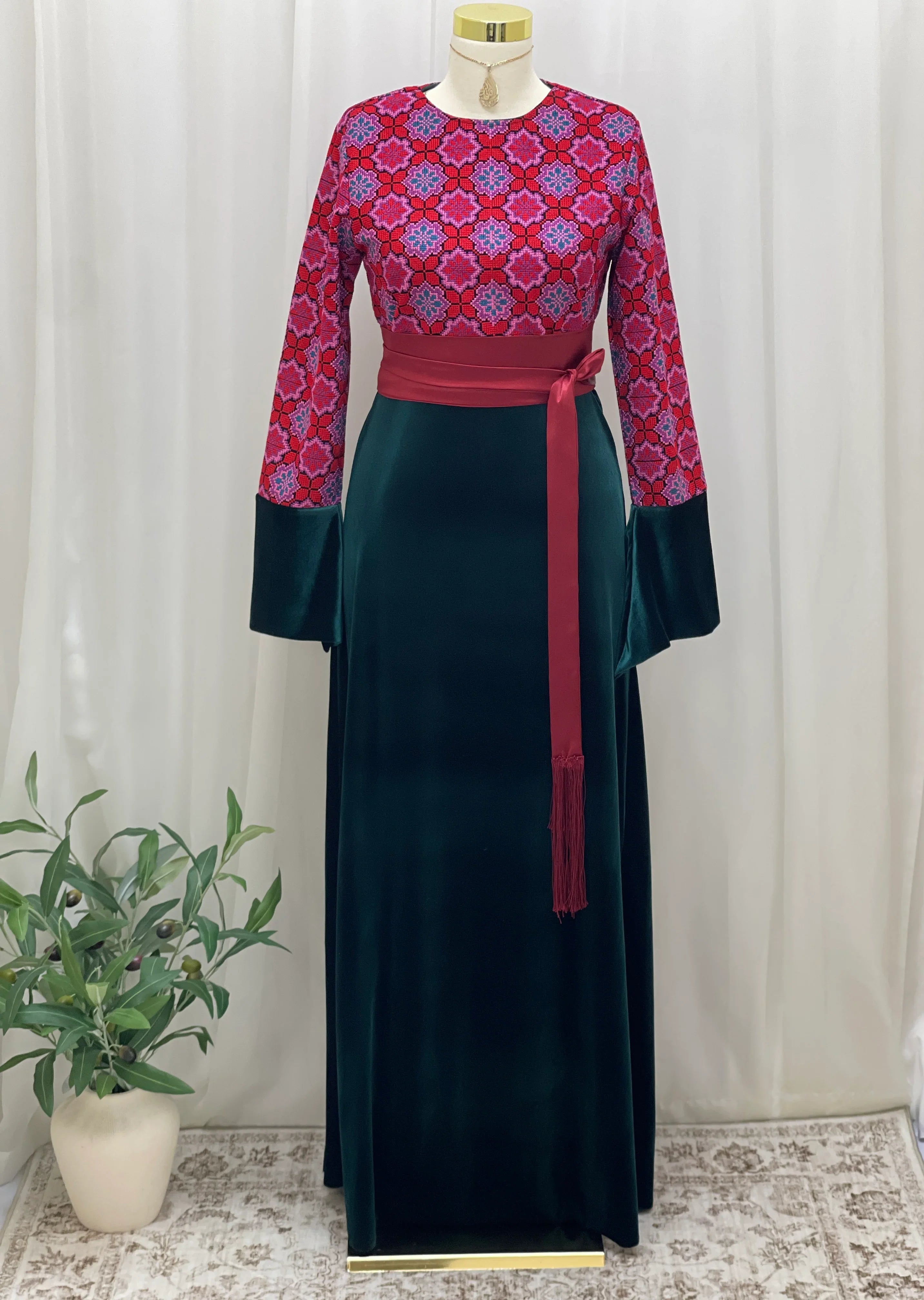Embroidered Velvet Maxi Dress with Satin Belt