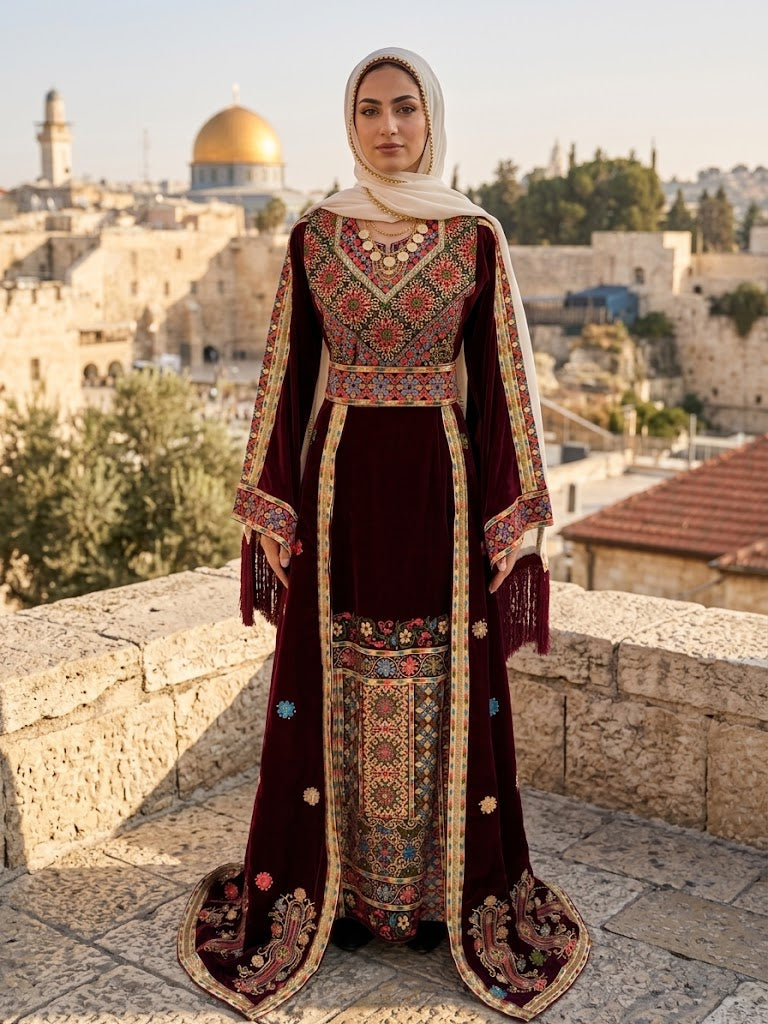 Maise Velevt Embroidered Thoub- A luxurious Palestinian Velvet Tthobe