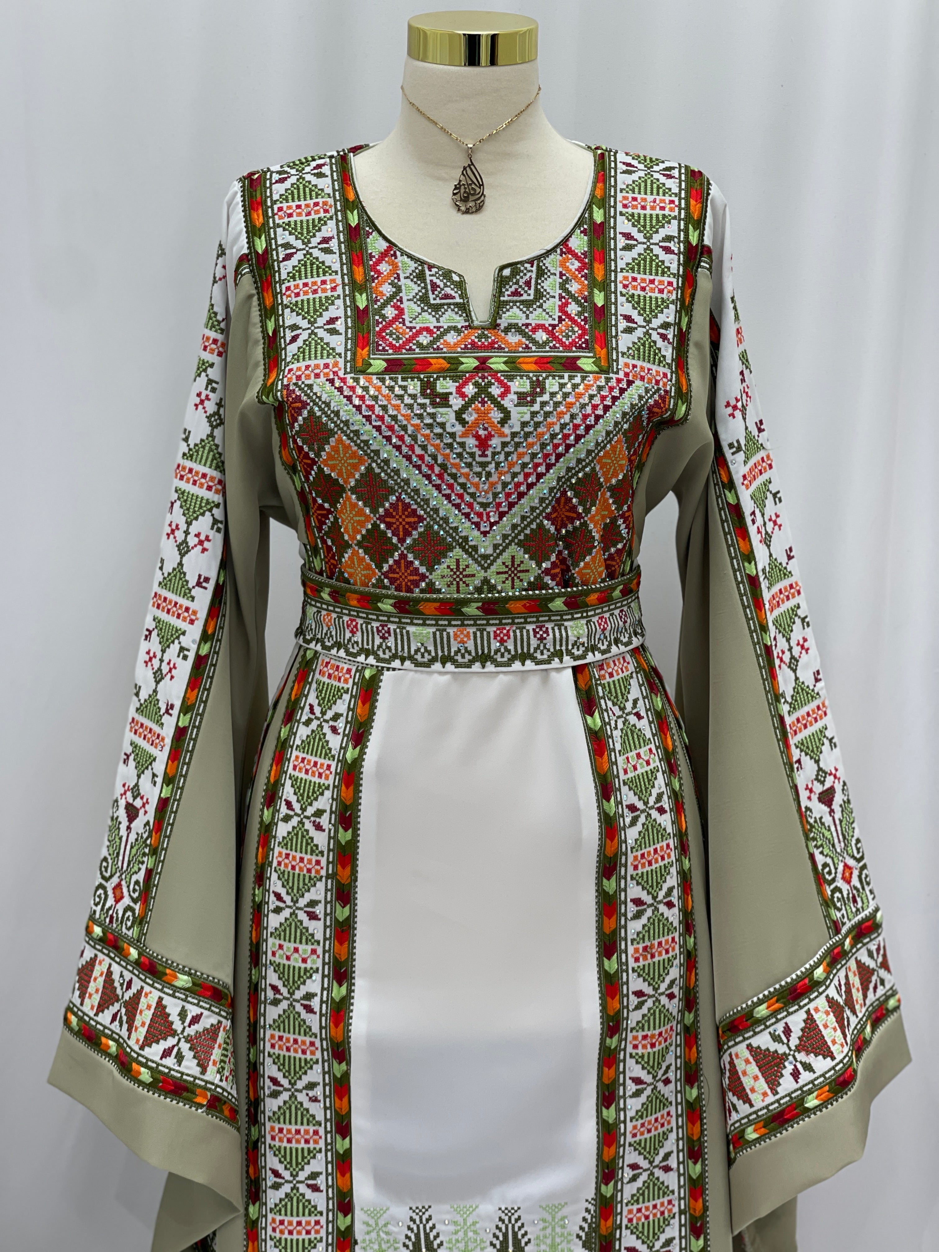 Olive Heritage Embroidered Thobe | Classic Modest Embroidery