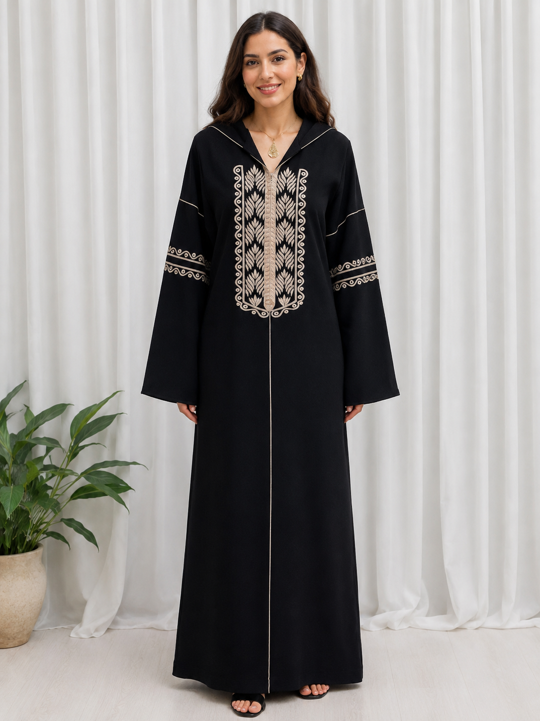 Heritage Suede Embroidered Hooded Abaya