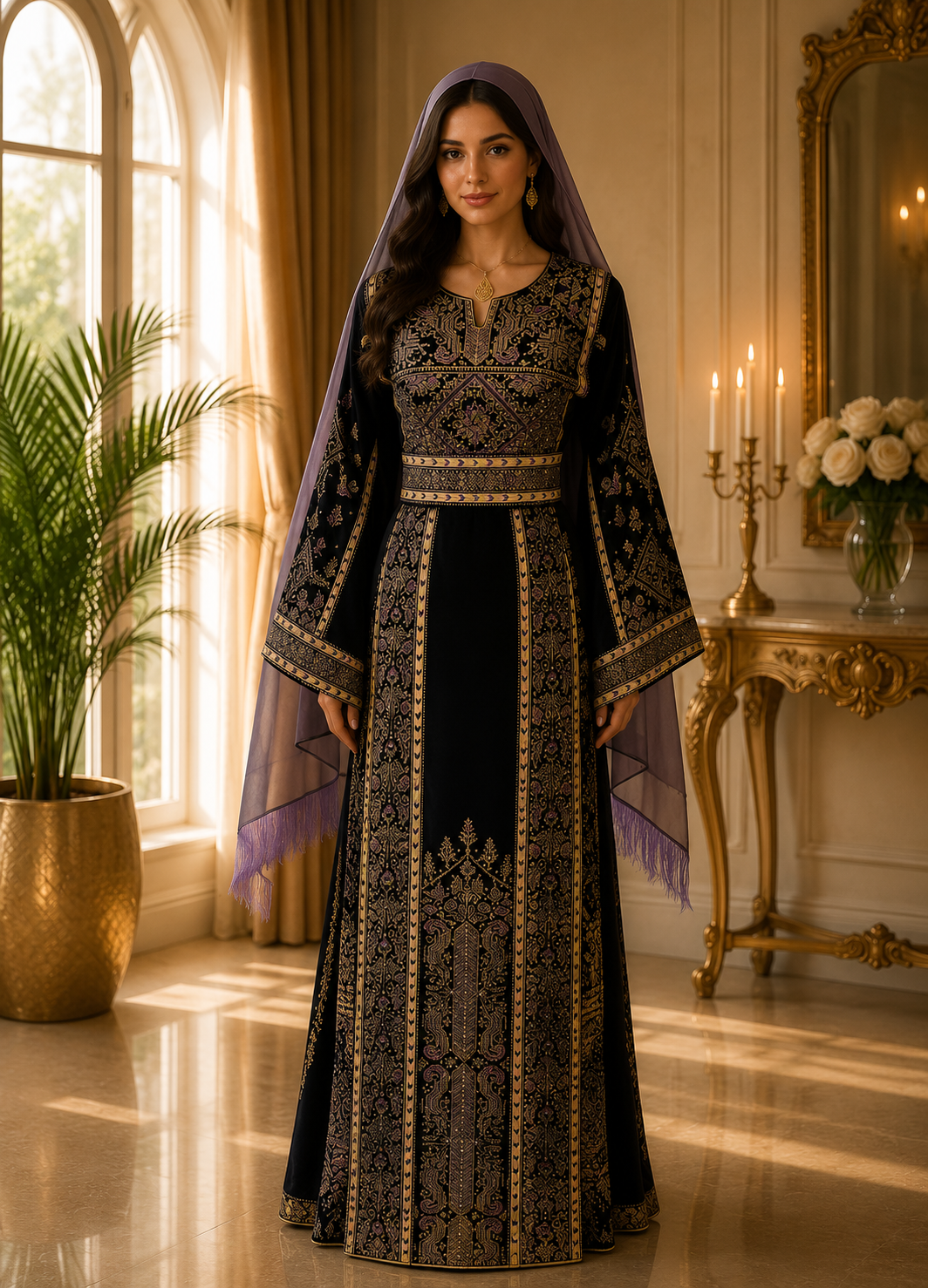 Lavine Velvet Embroidered Thobe-A luxurious, velvet Palestinian embroidered thobe
