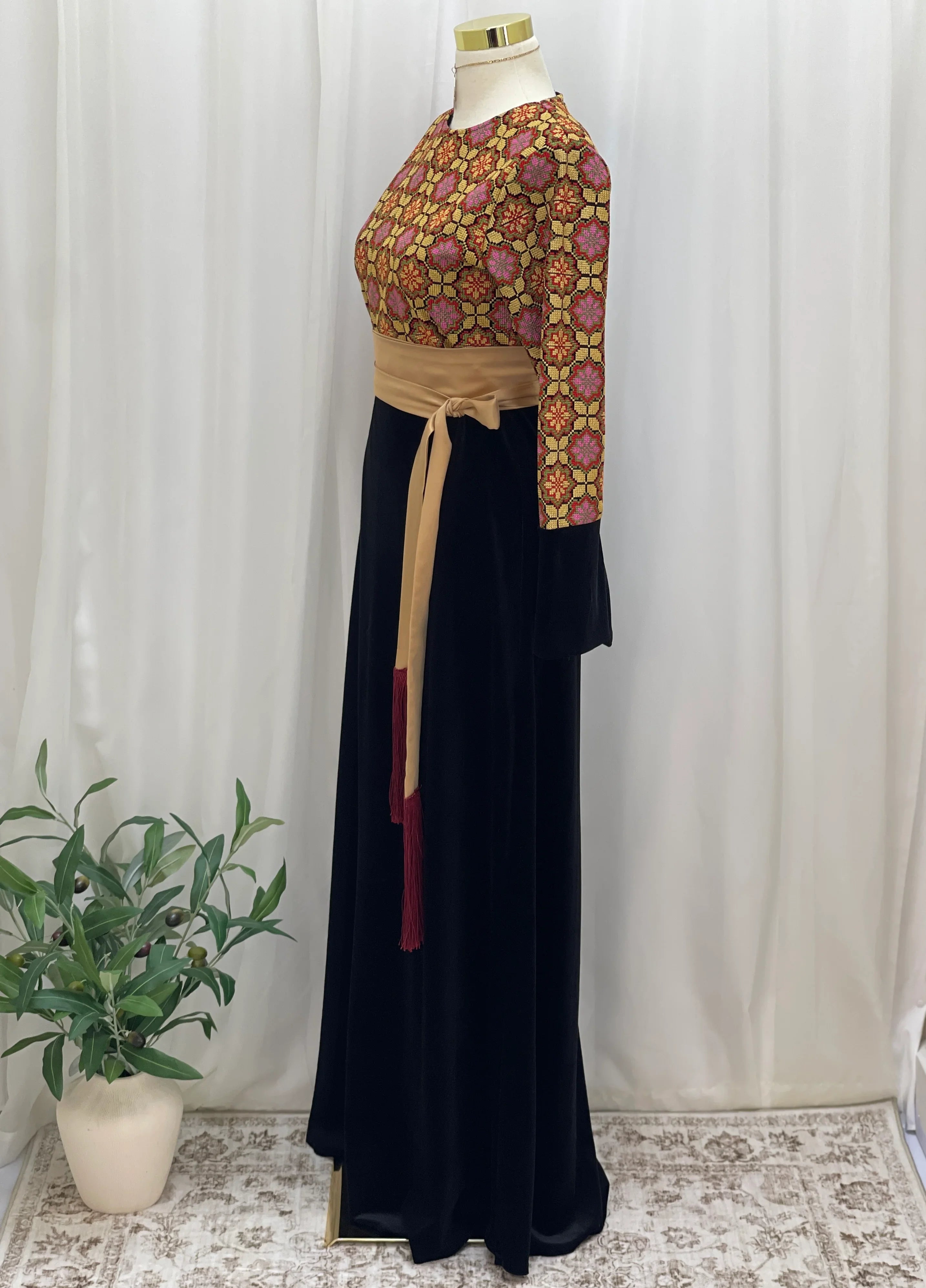 Embroidered Velvet Maxi Dress with Satin Belt