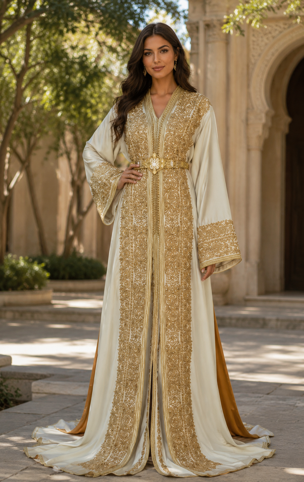 Handmade Silk Crepe Moroccan Kaftan: Gold Thread Embroidery, Belted Takchita