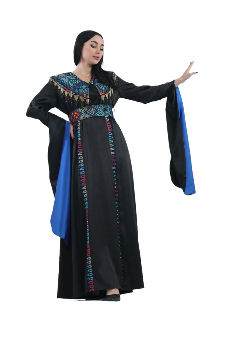 Embroidered Satin Dress With handmade Beads Palestinian Elegance
