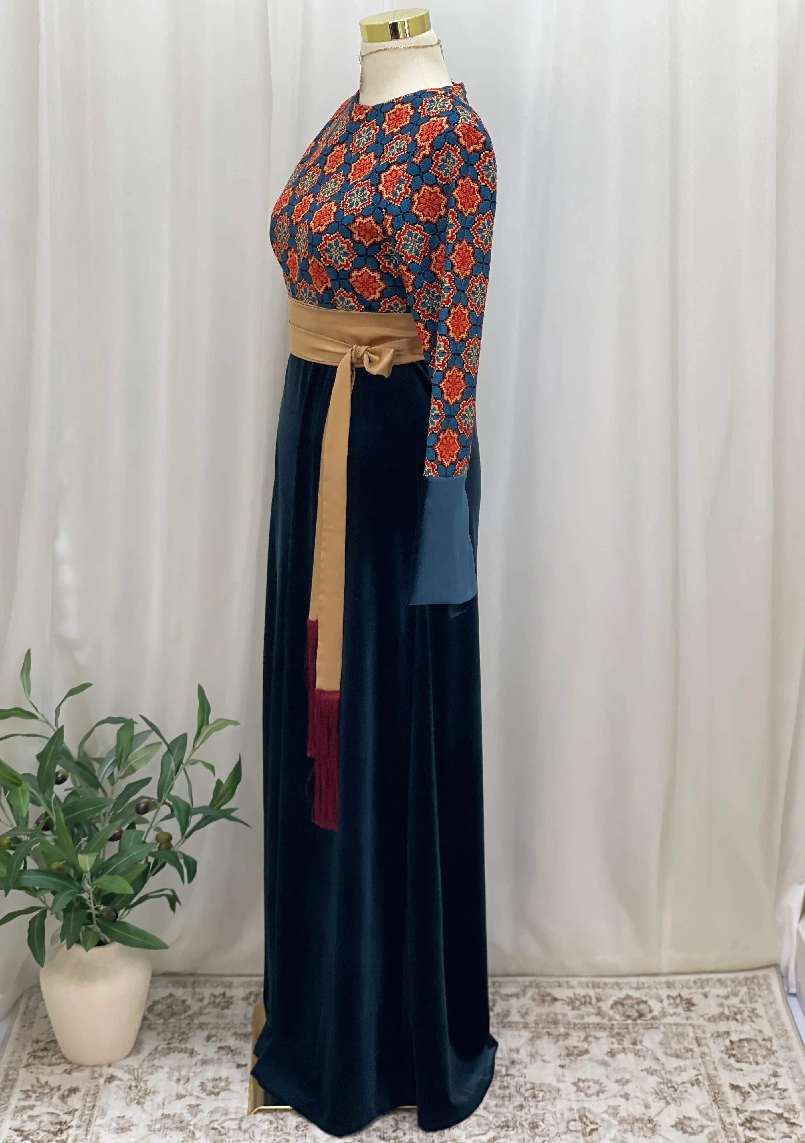 Embroidered Velvet Maxi Dress with Satin Belt