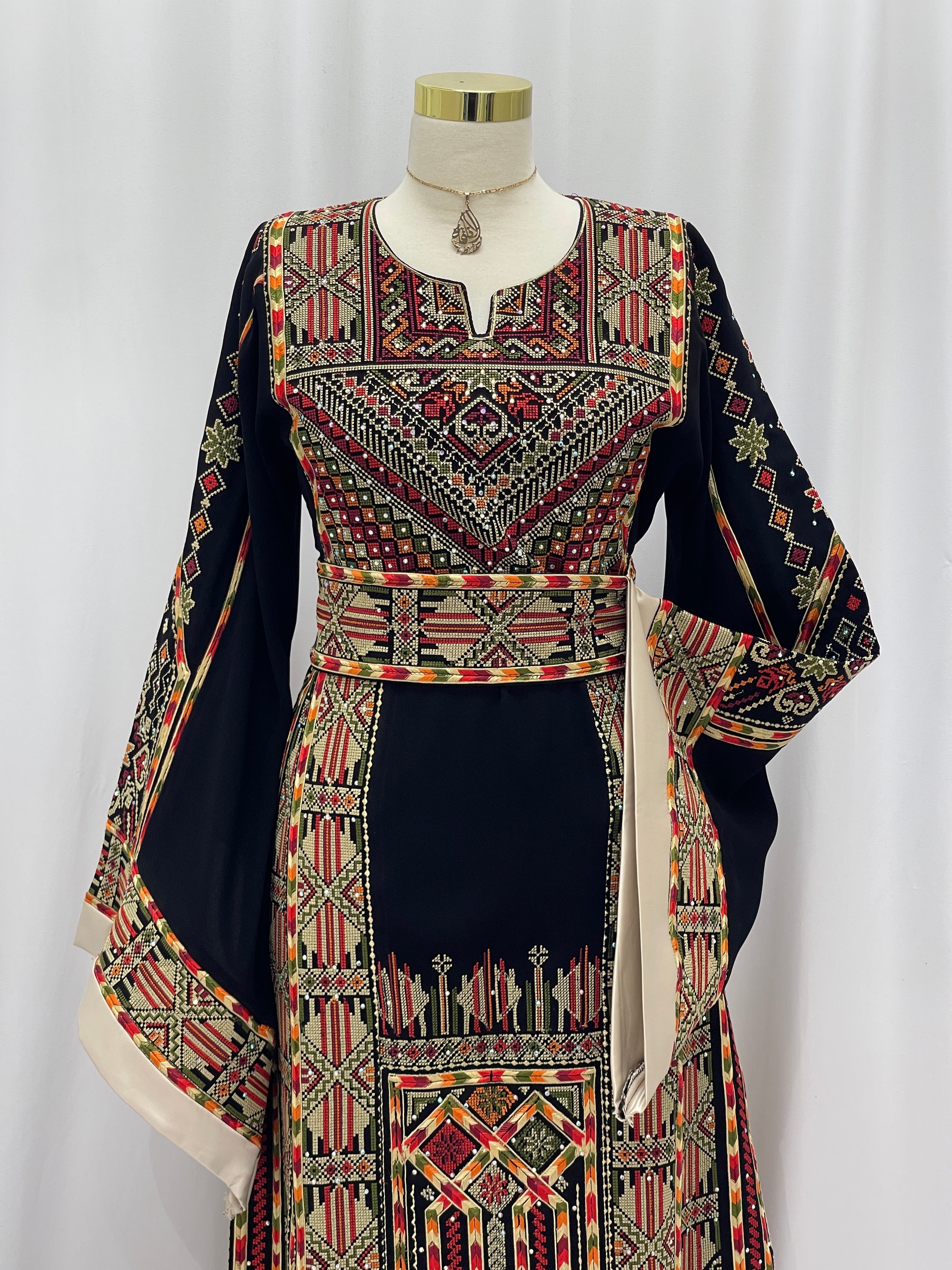 Luxury Black Palestinian Embroidered Thoub with Two Belts – Timeless Elegance with Heritage Touch