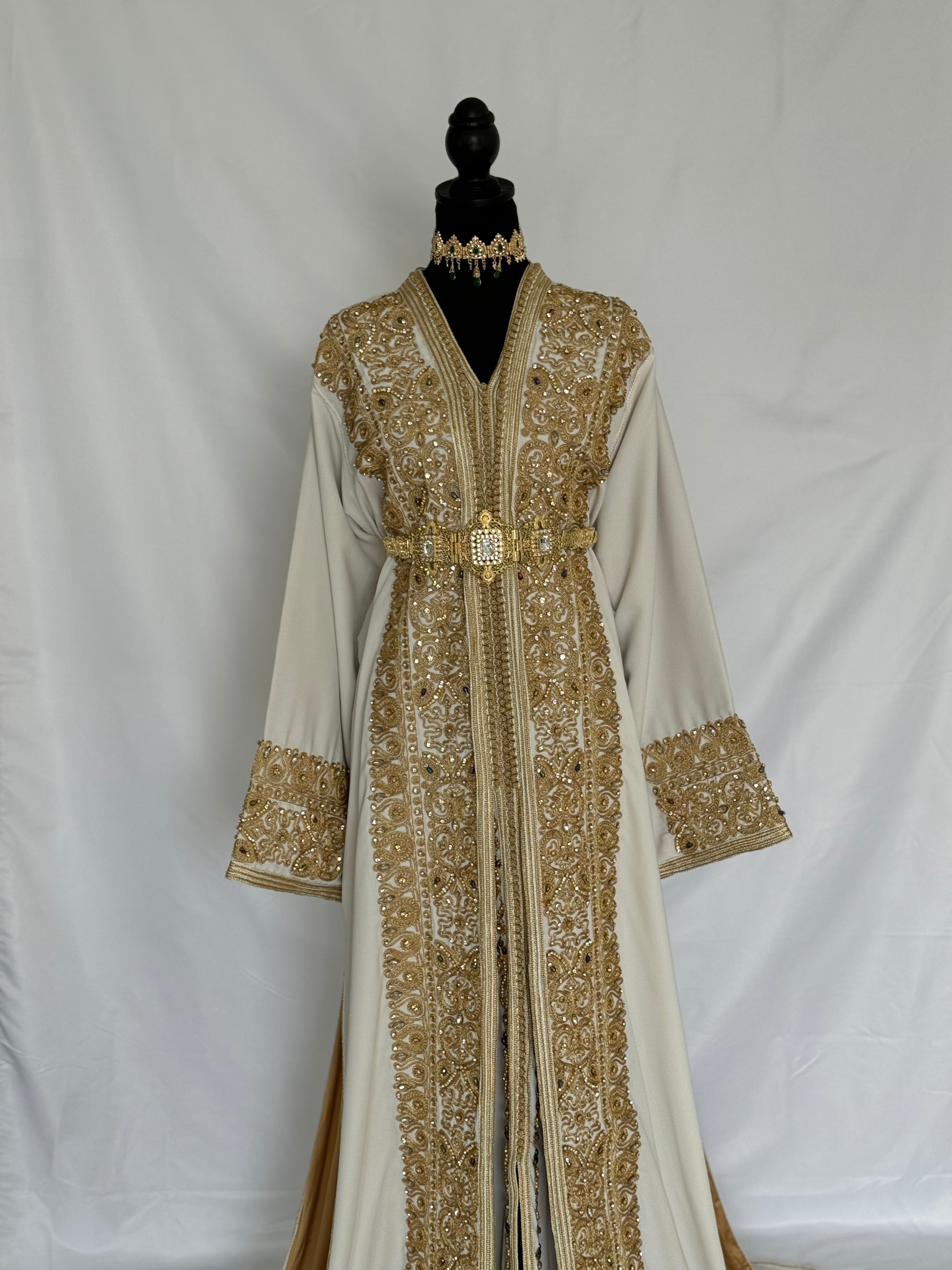 Handmade Silk Crepe Moroccan Kaftan: Gold Thread Embroidery, Belted Takchita