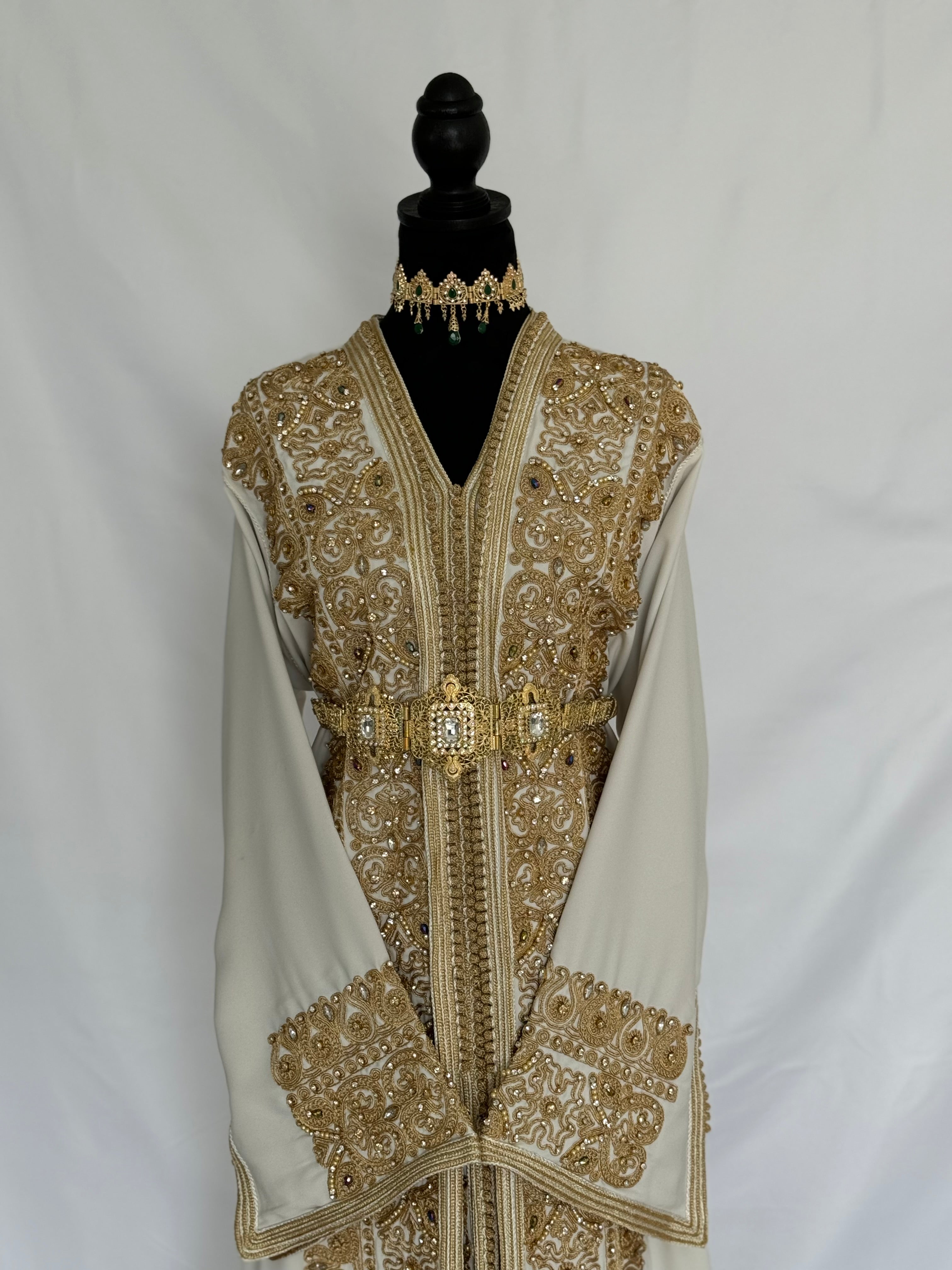 Handmade Silk Crepe Moroccan Kaftan: Gold Thread Embroidery, Belted Takchita