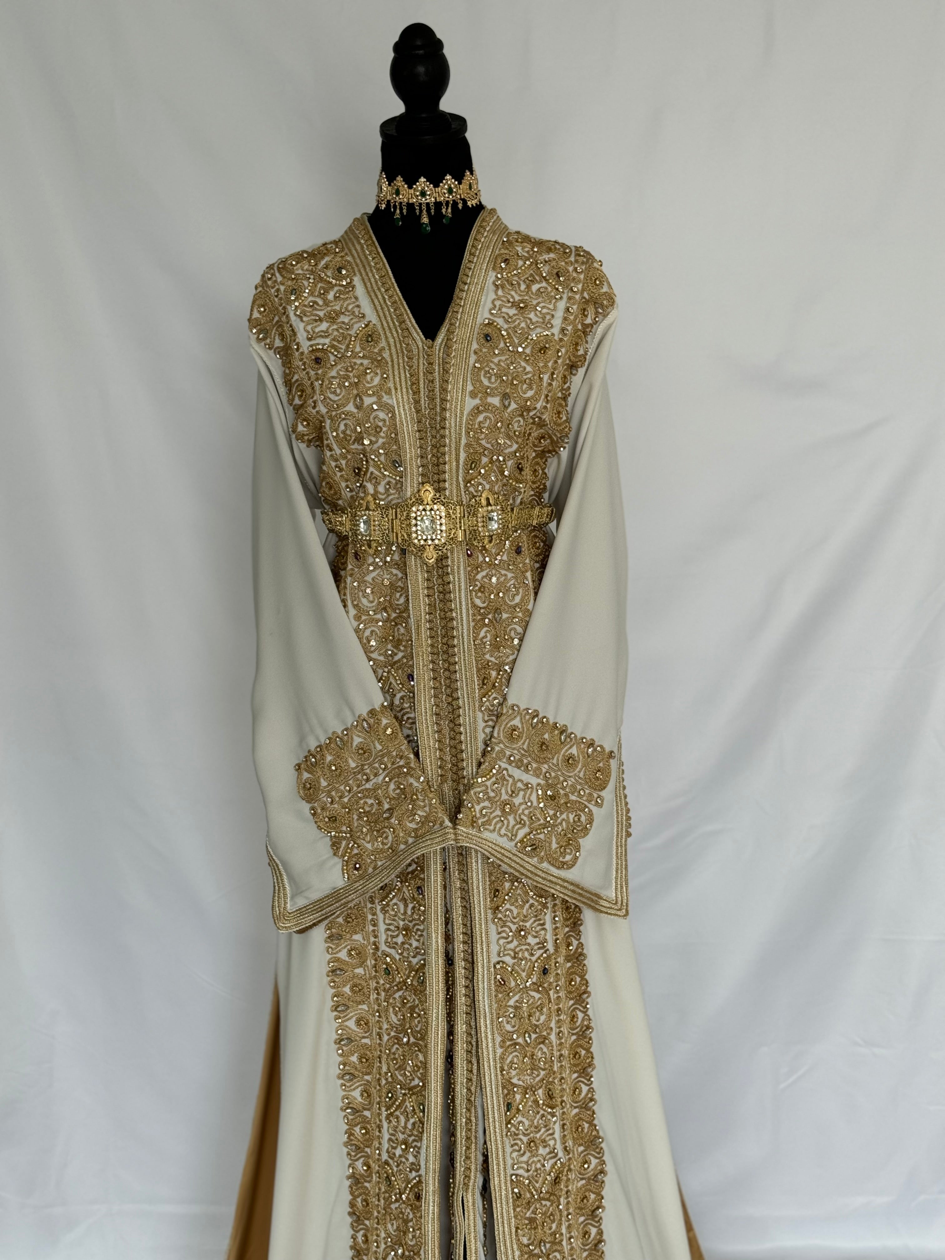 Handmade Silk Crepe Moroccan Kaftan: Gold Thread Embroidery, Belted Takchita