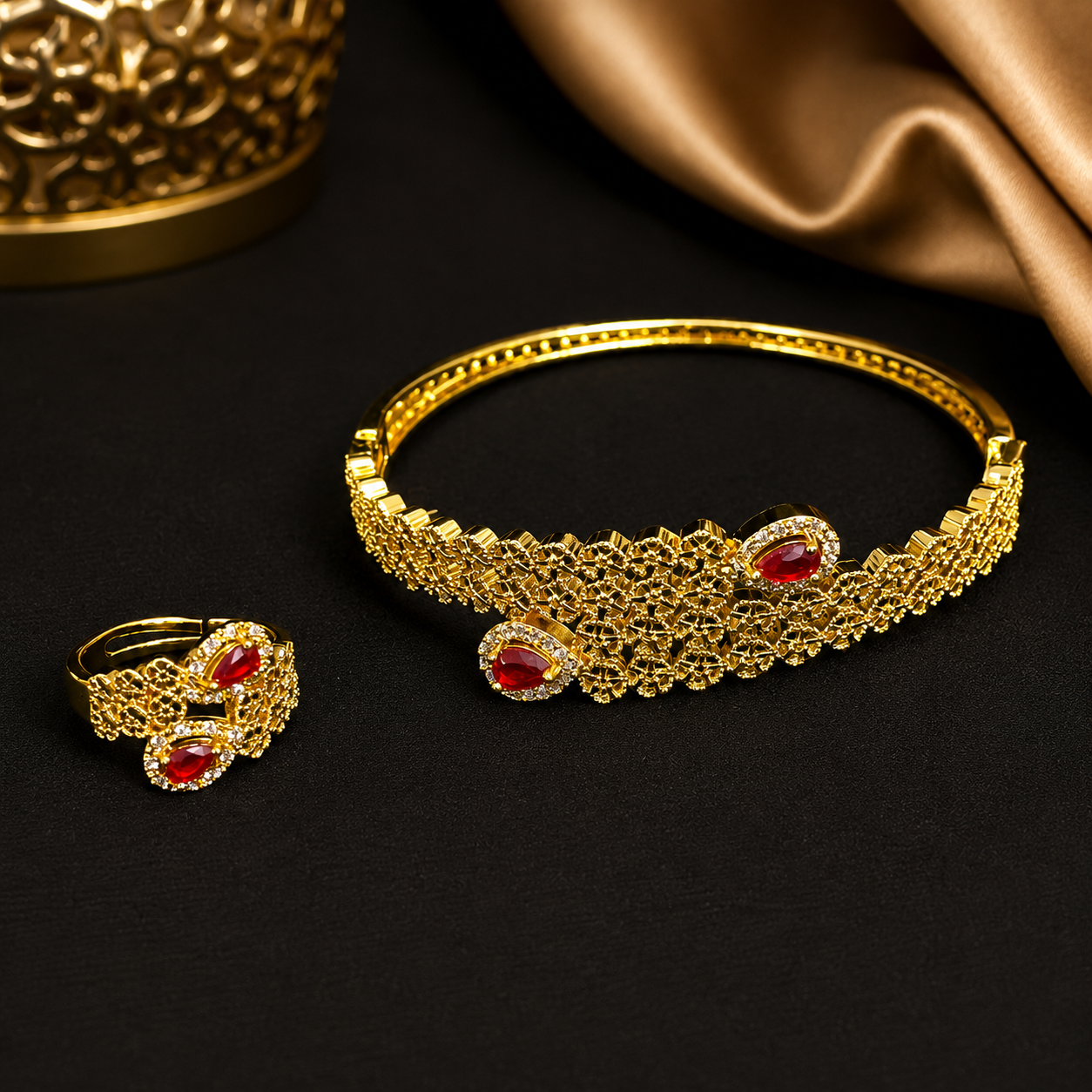 Waed Crystal Gold Bangle & Ring Set