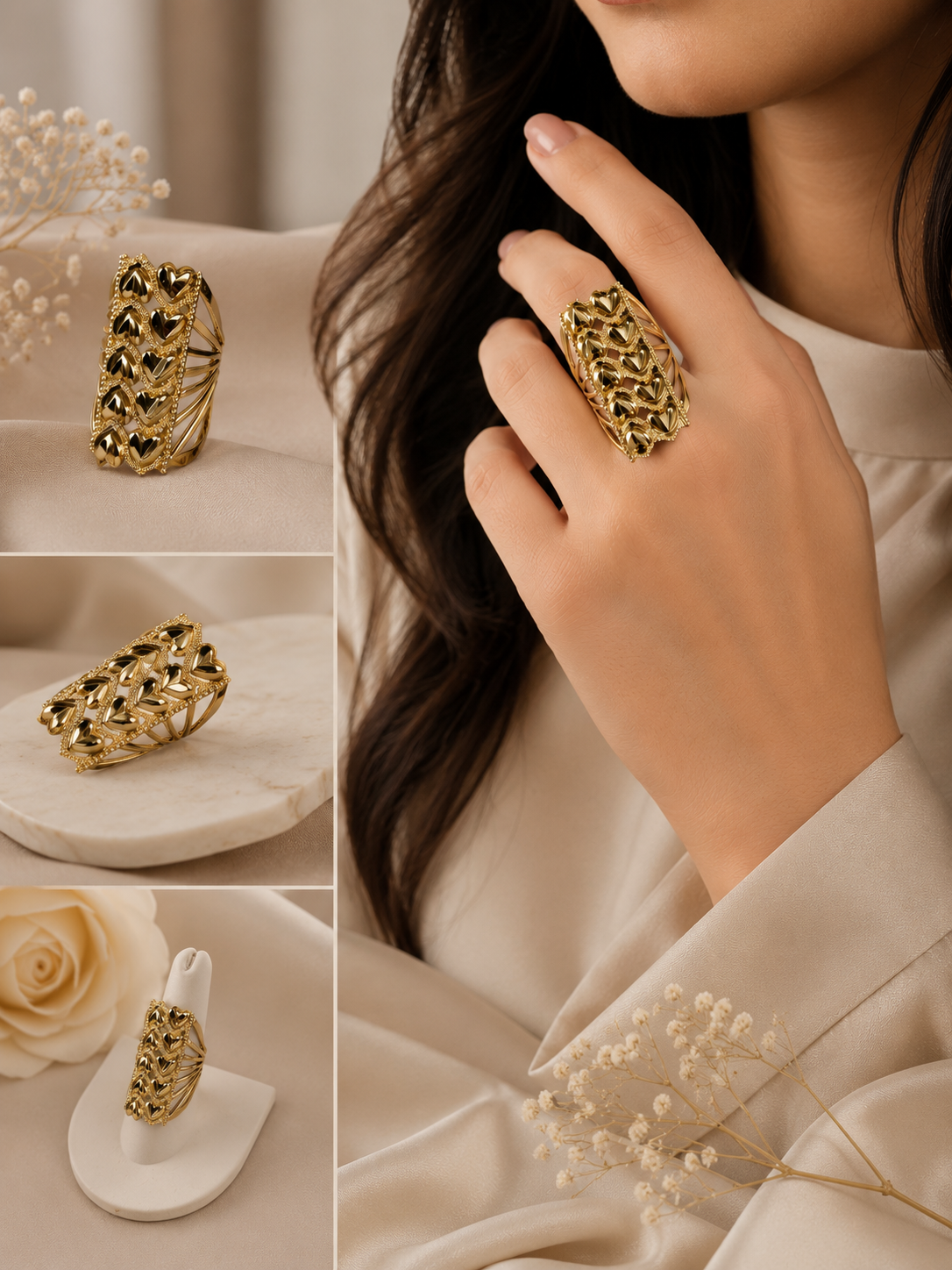 Layered Hearts Ring – Elegant Imitated Gold Design for a Touch of Romance