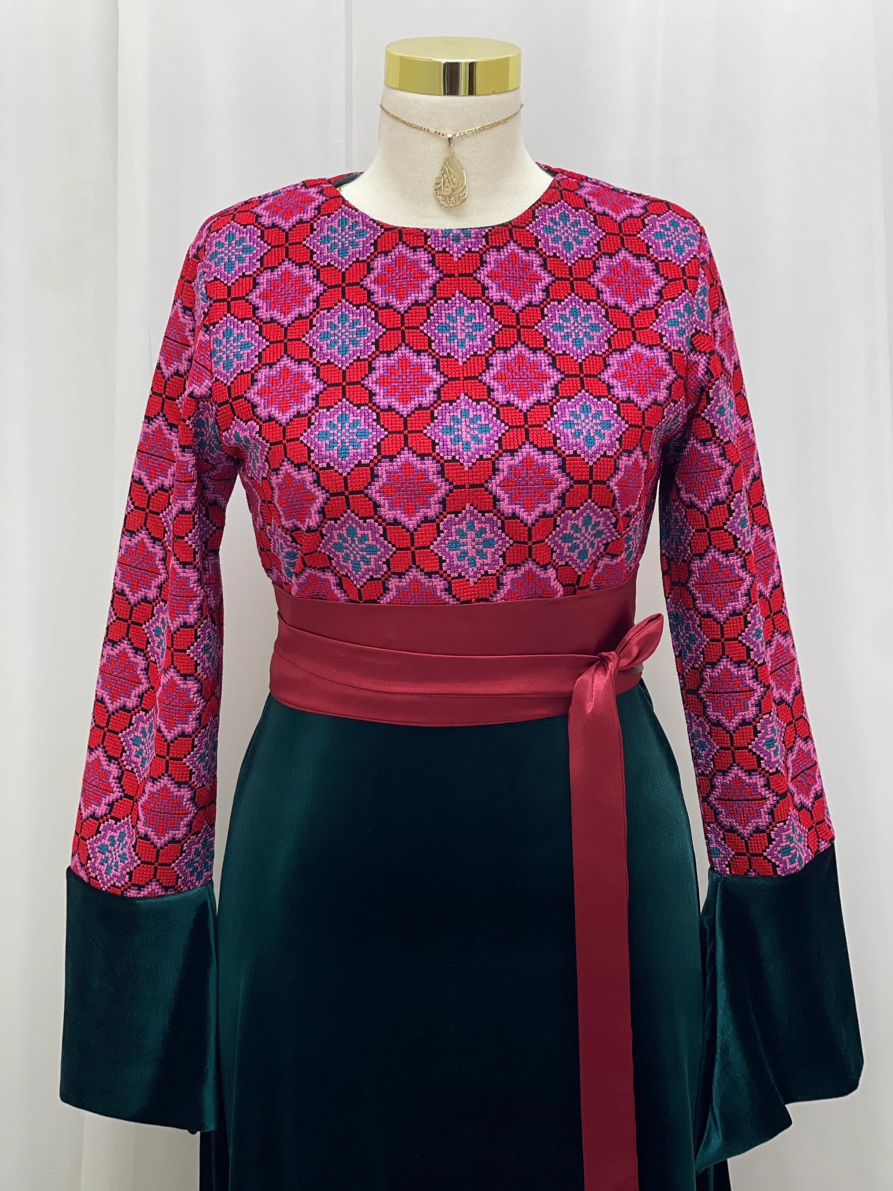 Embroidered Velvet Maxi Dress with Satin Belt