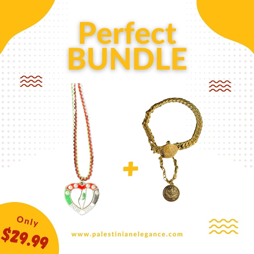 Palestinian Elegance bundle with Gold Chain Bracelet with Al Auds Perl Necklace. Heart pendant in Palestinian flag colors
