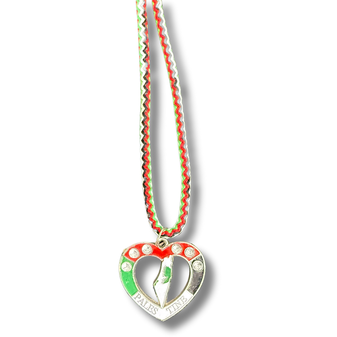 Gold Chain Bracelet with Al Auds Perl Necklace featuring heart pendant with Palestine map on red green ribbon cord