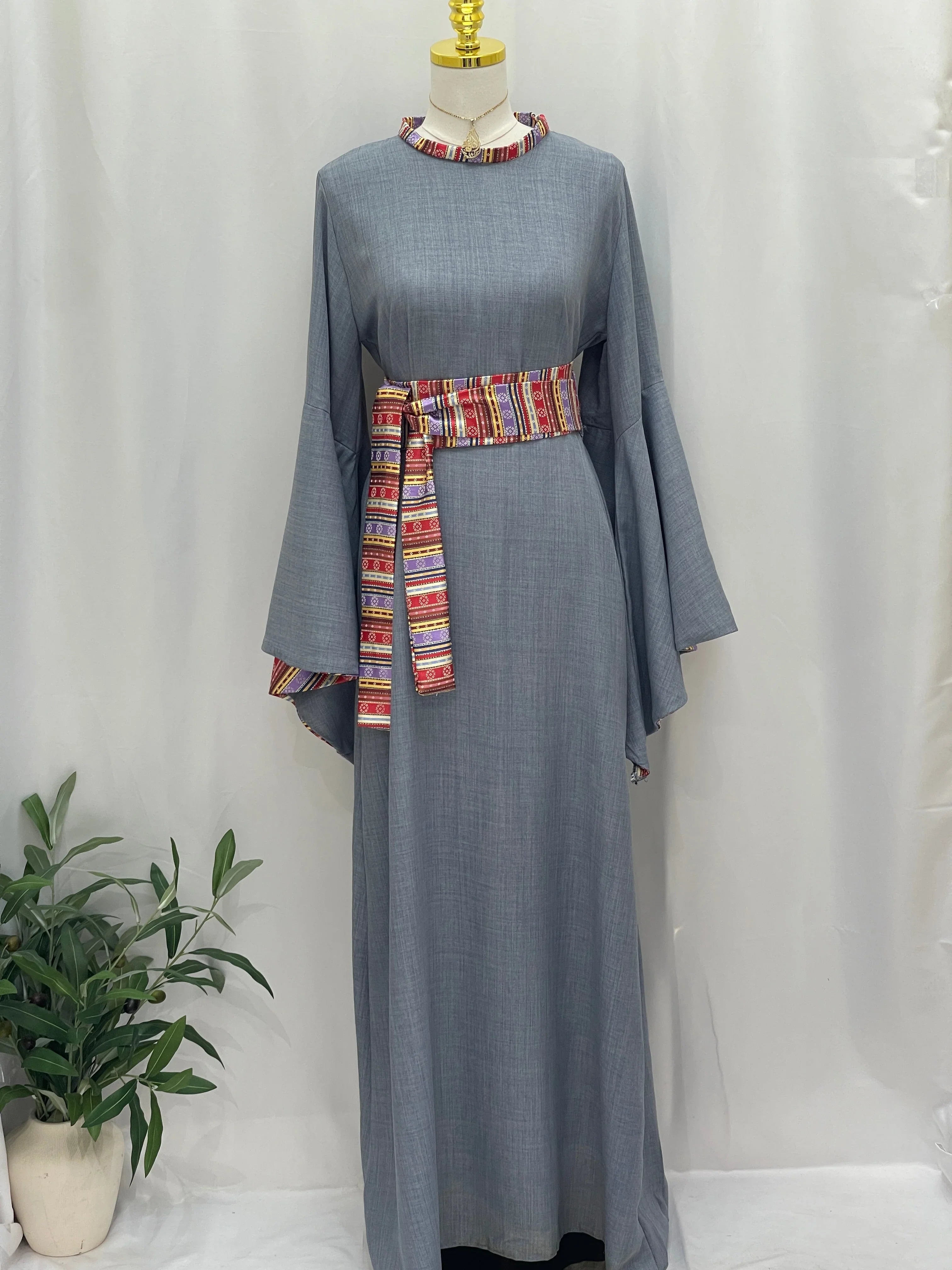 Elegant Al-Mais Thobe with Embroidered Sleeves and Colorful Belt from Palestinian Elegance