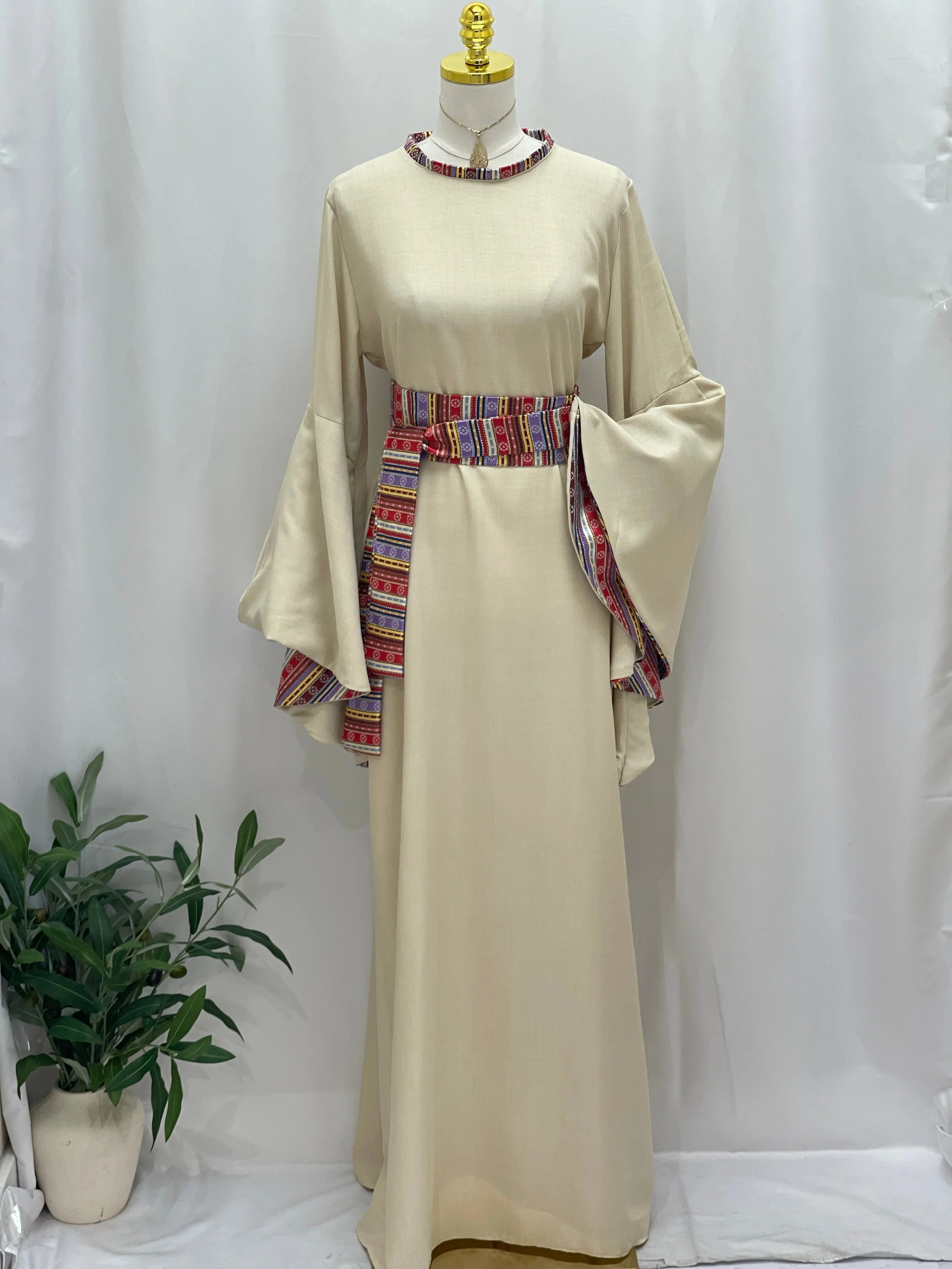 Elegant Al-Mais Thobe with embroidered belt and bell sleeves for stylish occasions