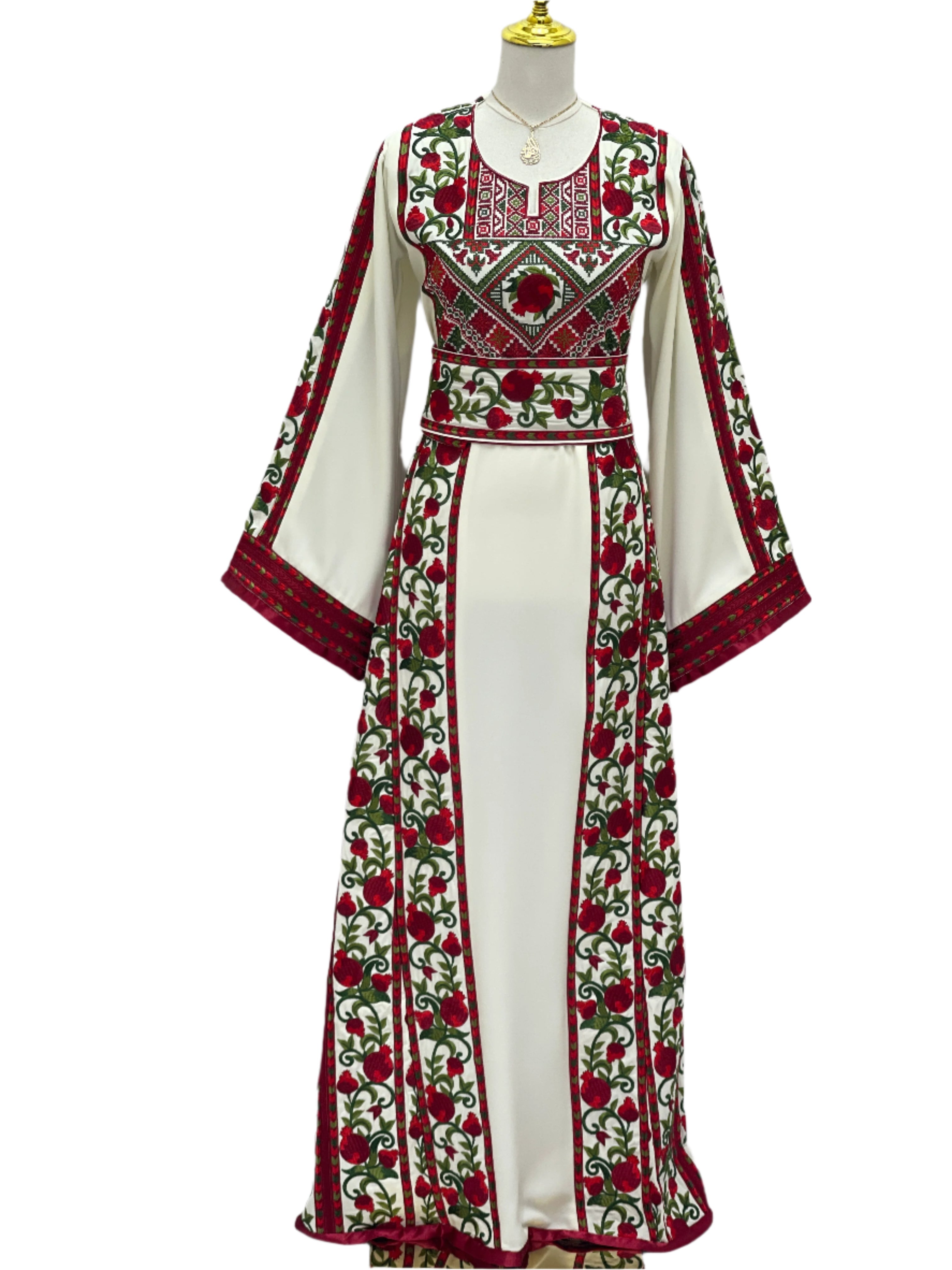 Al Romana Pomegranate Embroidered Thoub by Palestinian Elegance with detailed red and green floral embroidery
