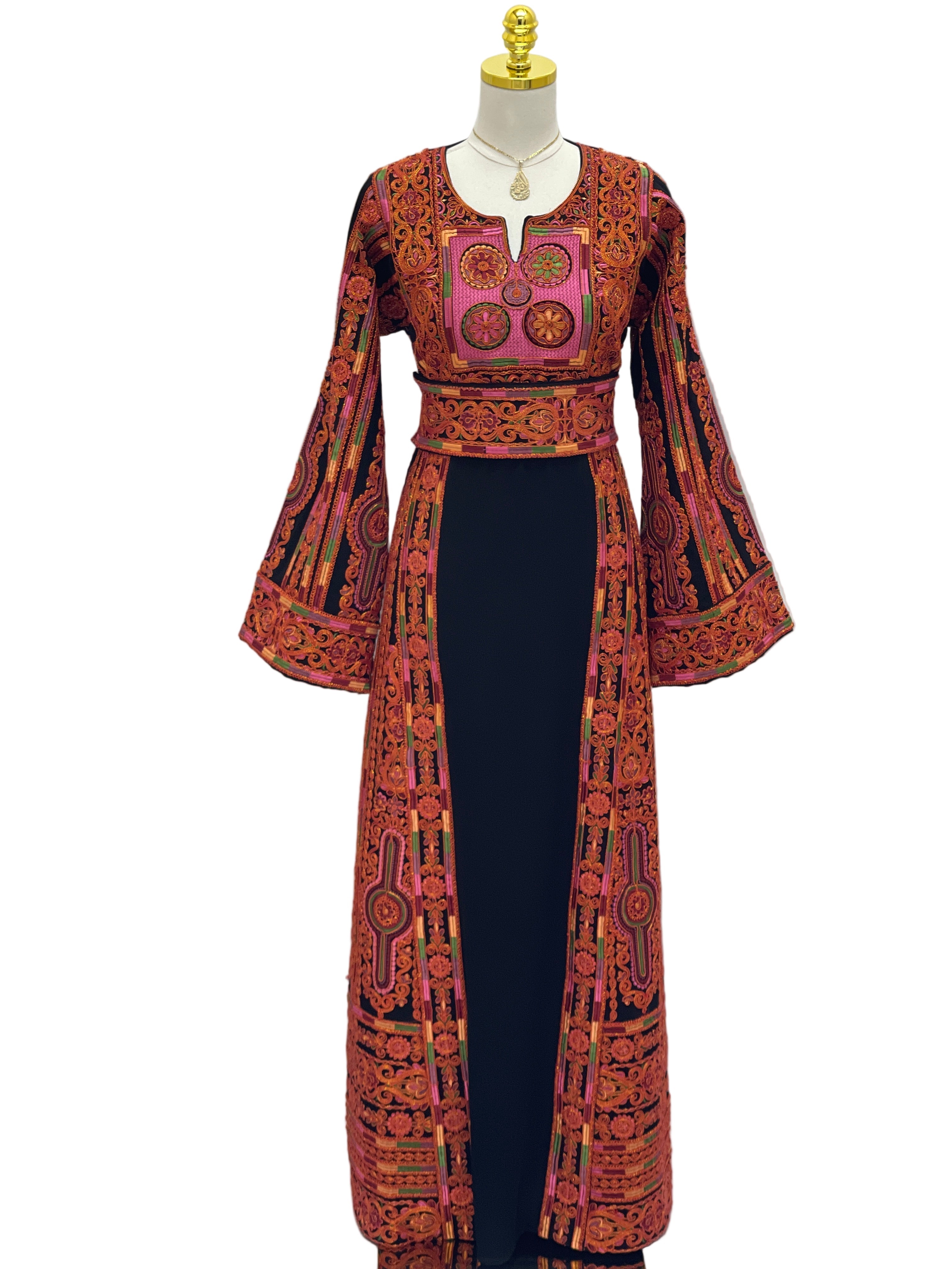 Al-Sundus Bream Embroidered Thobe long black center with red orange embroidered panels, bell sleeves, waist sash