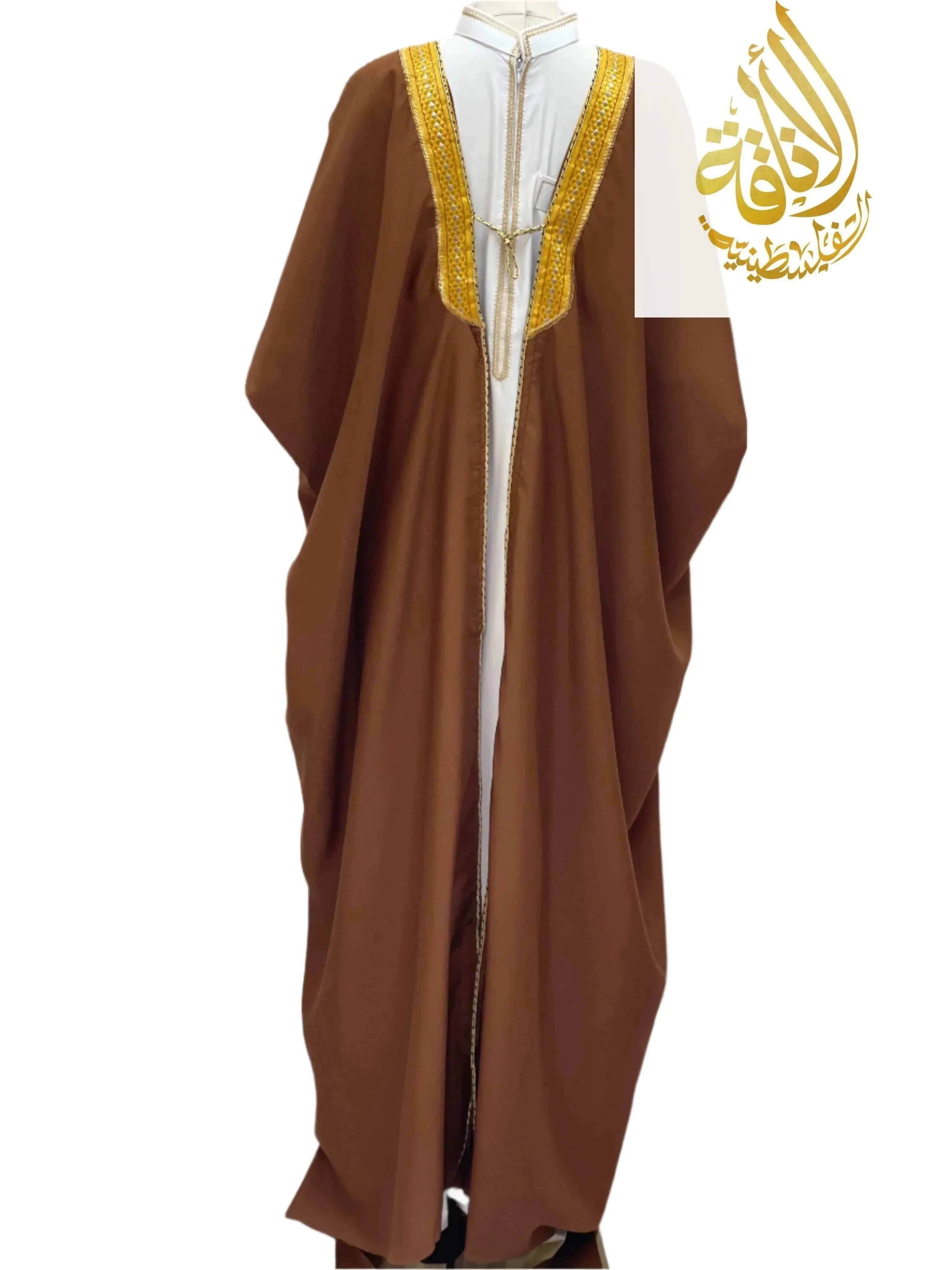 Ali Mens Free Size Bisht in brown with gold embroidery over white men thobe by Palestinian Elegance