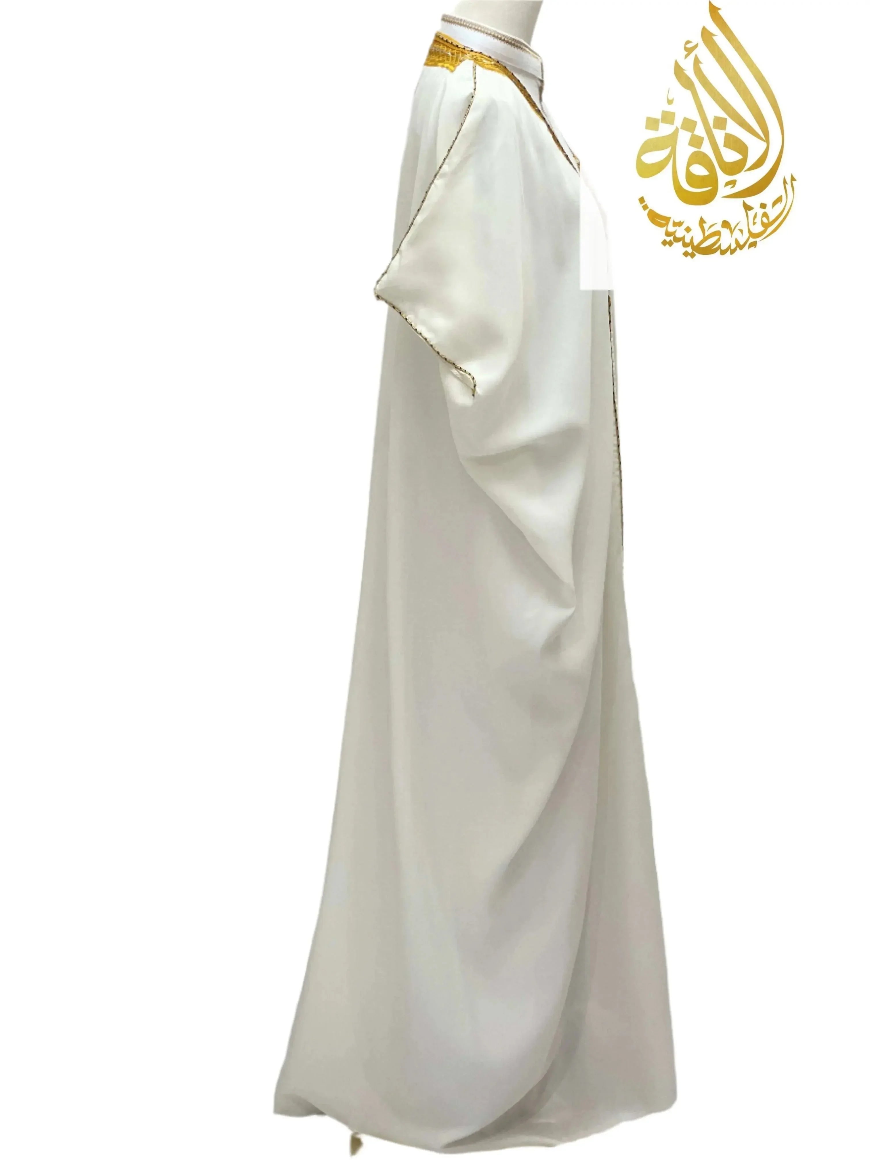 Ali Mens Free Size Bisht by Palestinian Elegance white men thobe with gold trim on collar and sleeves