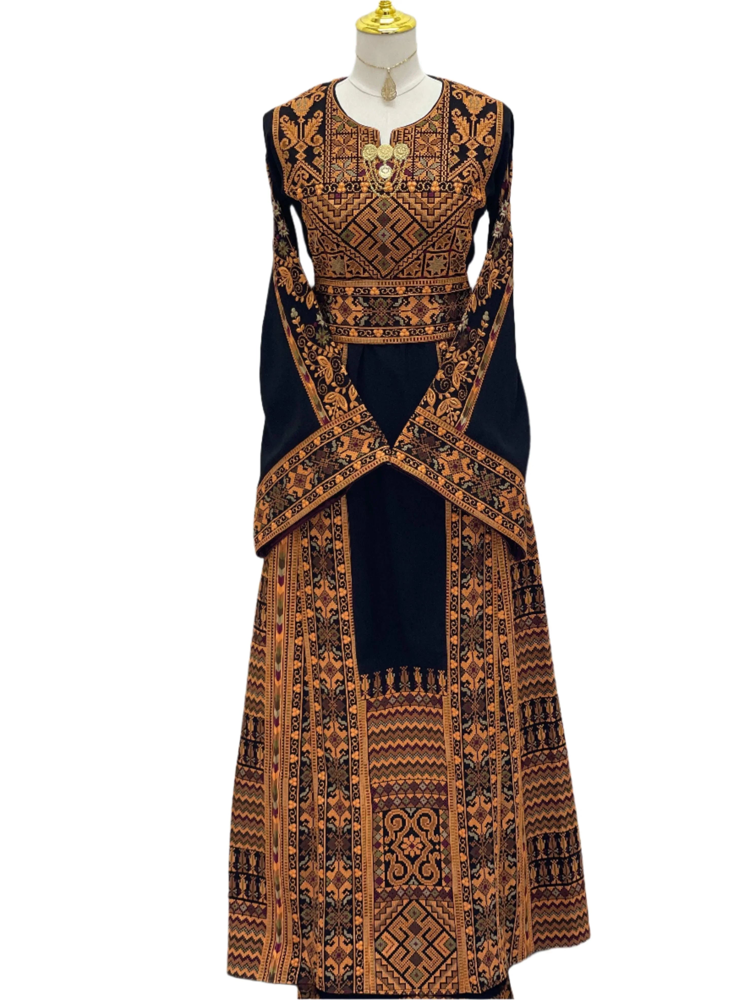 Embroidered Thoub Palestinian Modest Tatreez black and brown dress with traditional geometric patterns
