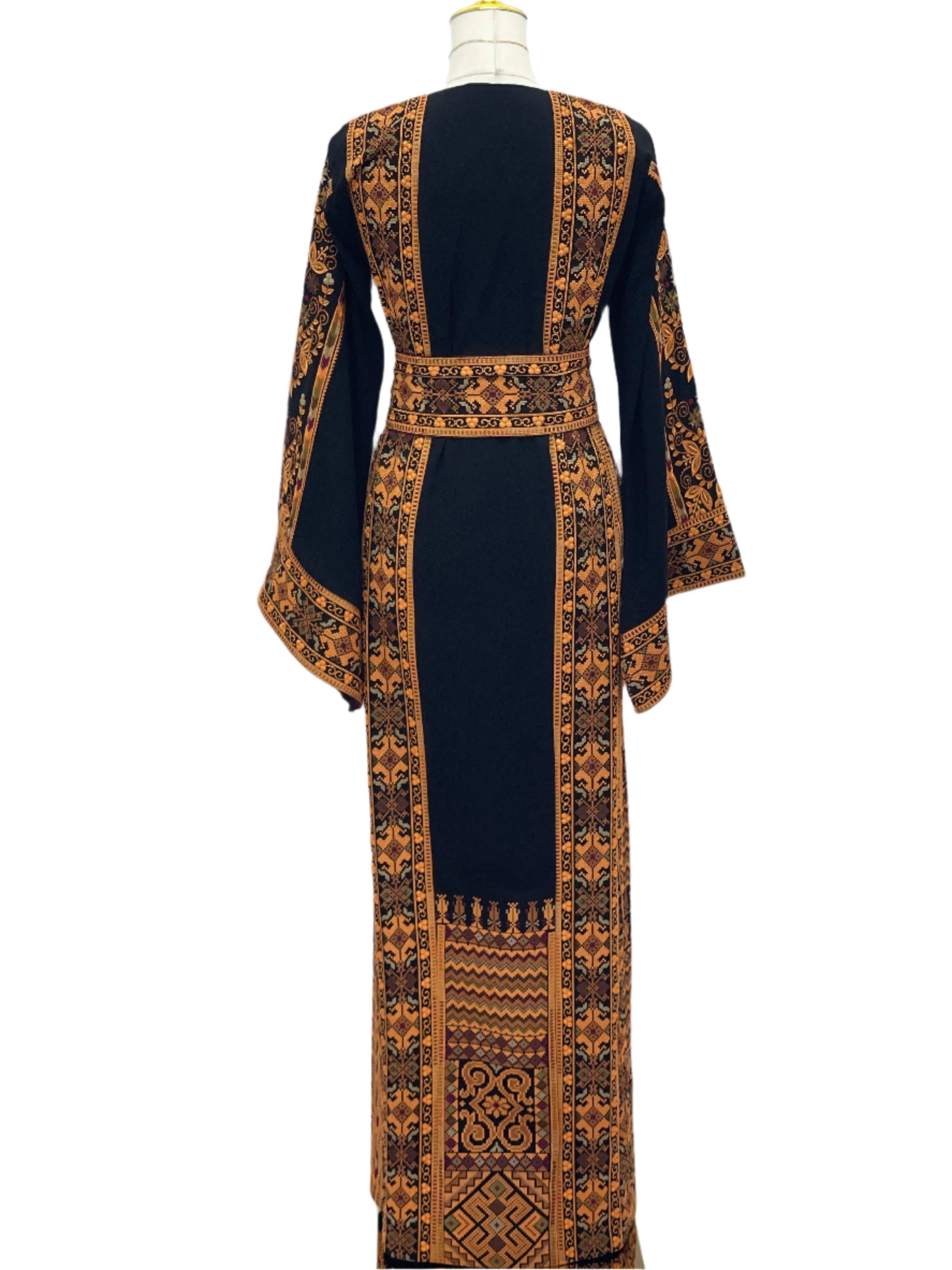 Embroidered Thoub Palestinian Modest Tatreez black dress with intricate orange embroidery by Palestinian Elegance tatreez