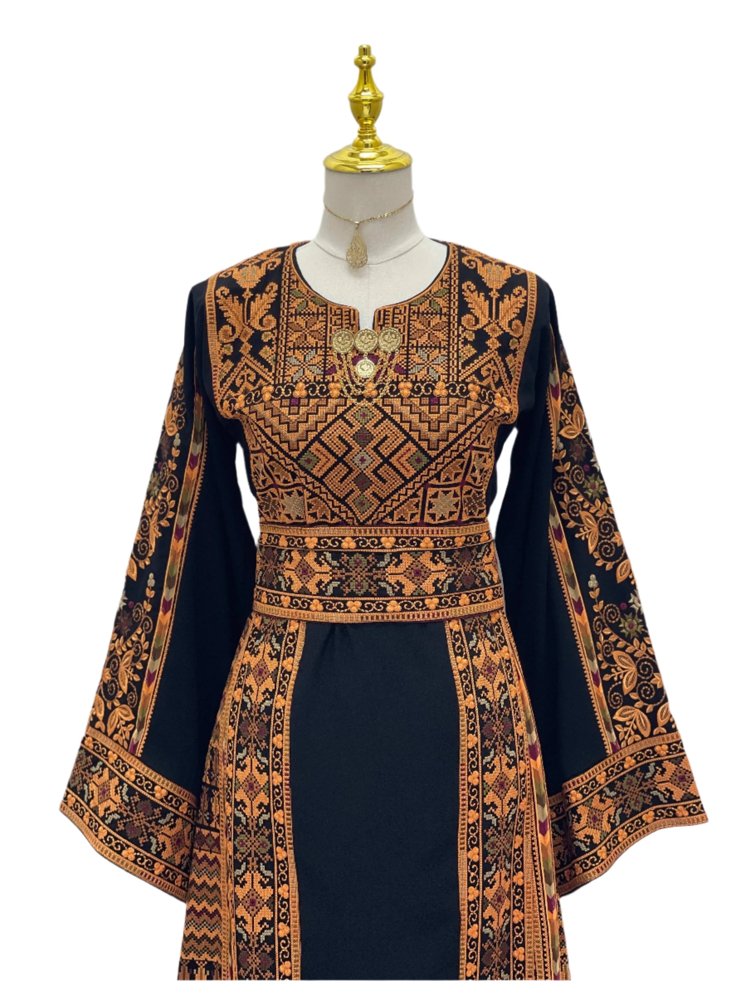 Embroidered Thoub Palestinian Modest Tatreez with intricate orange and black traditional embroidery on long black dress