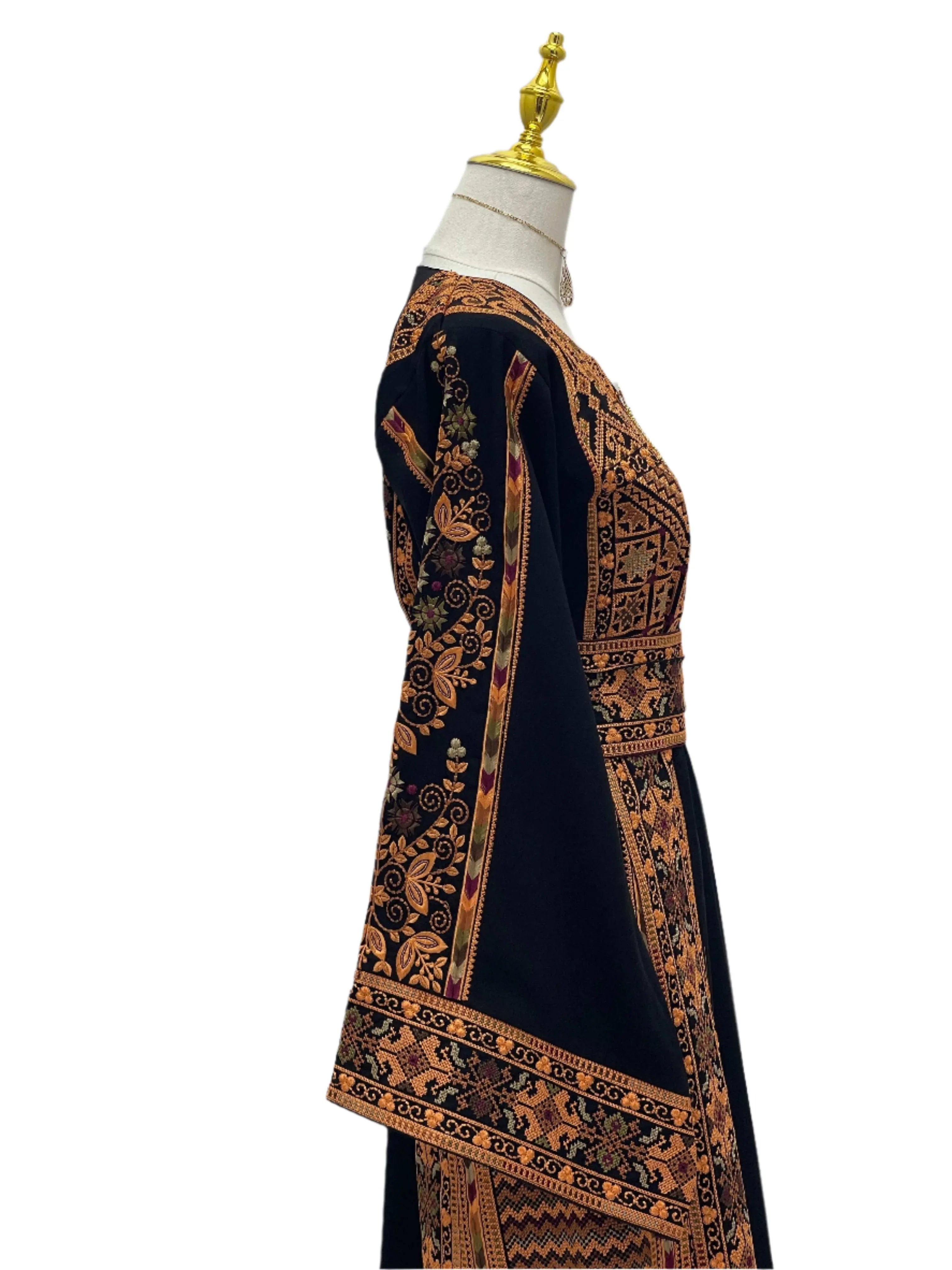 Embroidered Thoub Palestinian Modest Tatreez in black with intricate orange traditional embroidery by Palestinian Elegance