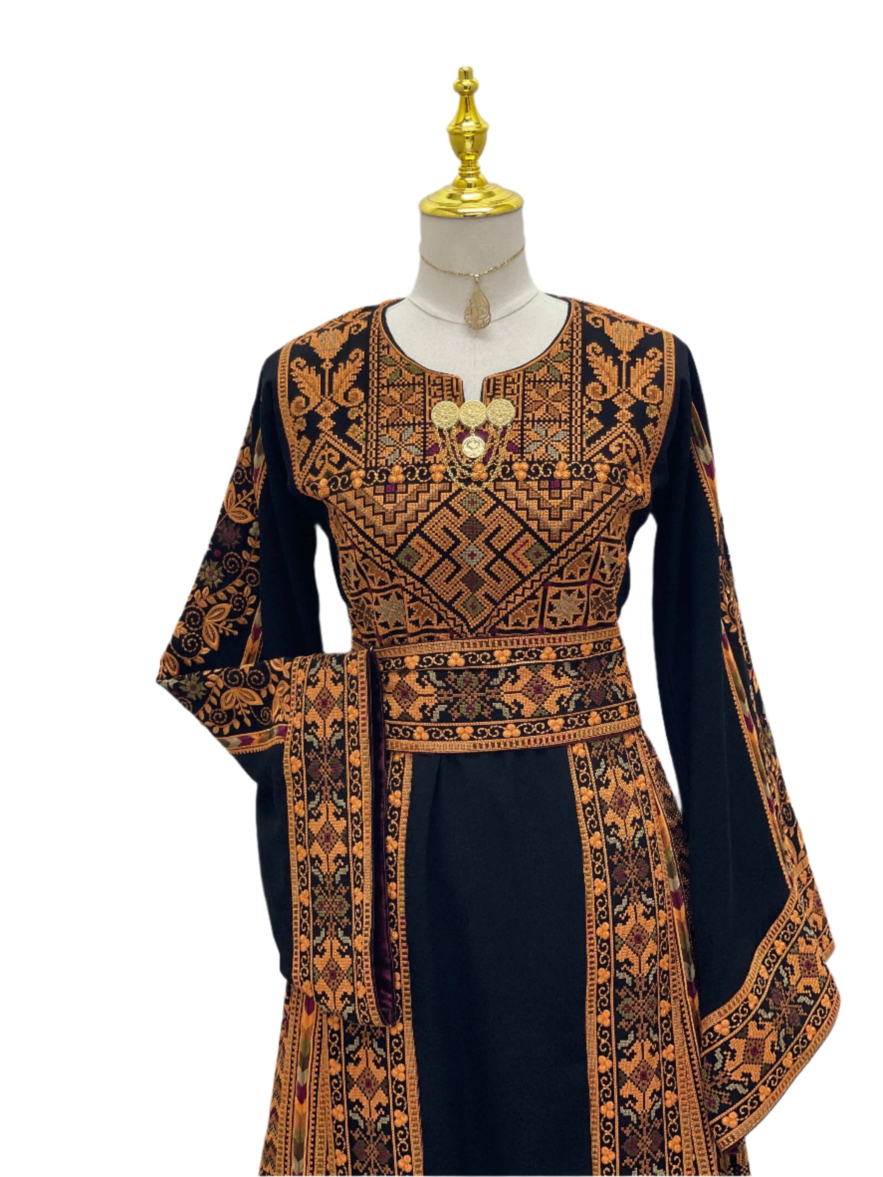 Embroidered Thoub Palestinian Modest Tatreez in black with intricate orange traditional embroidery by Palestinian Elegance thoub