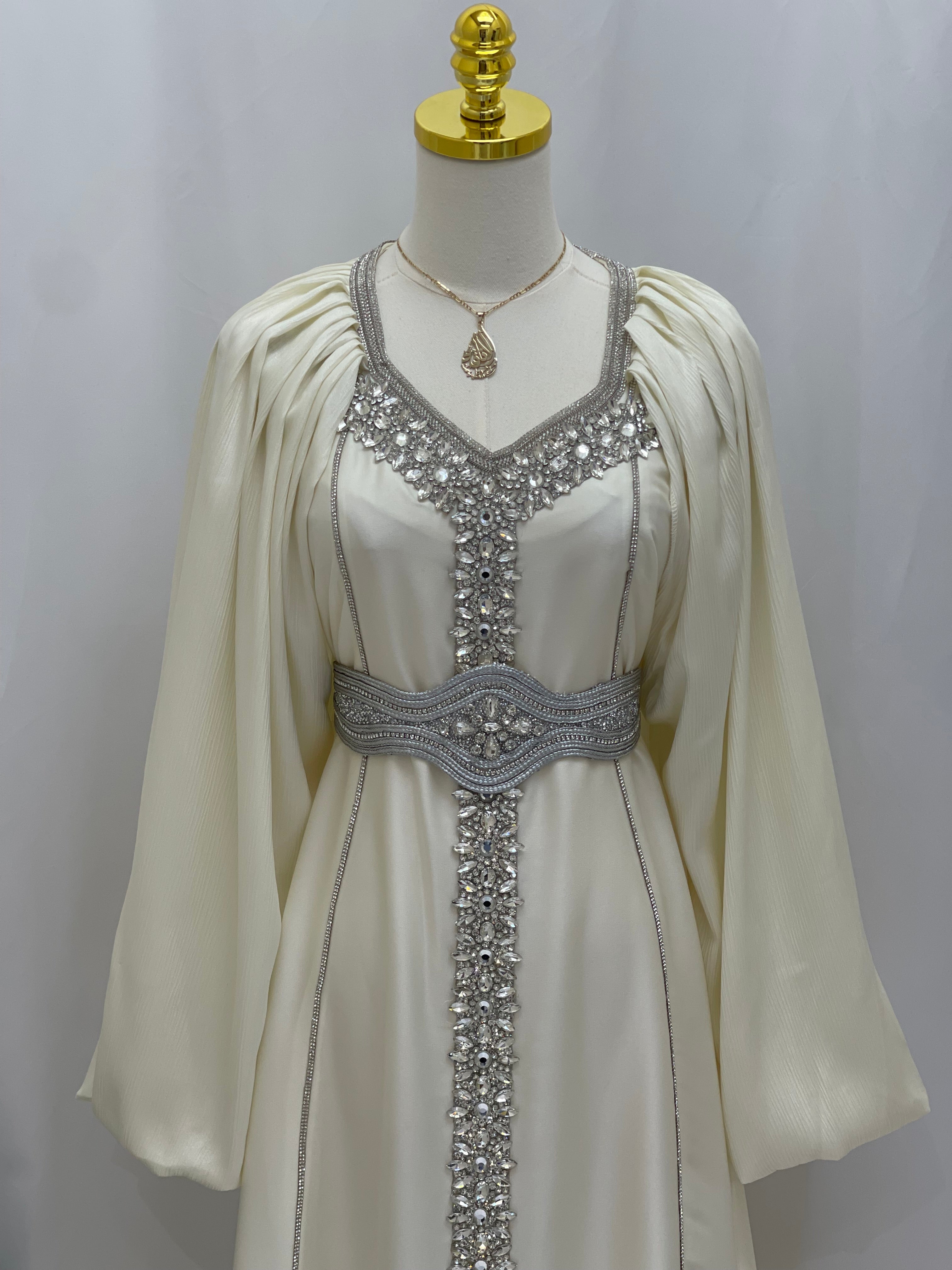 Ameera Fancy Kaftan | Elegant Modest Dress with Belt - Palestinian Elegance