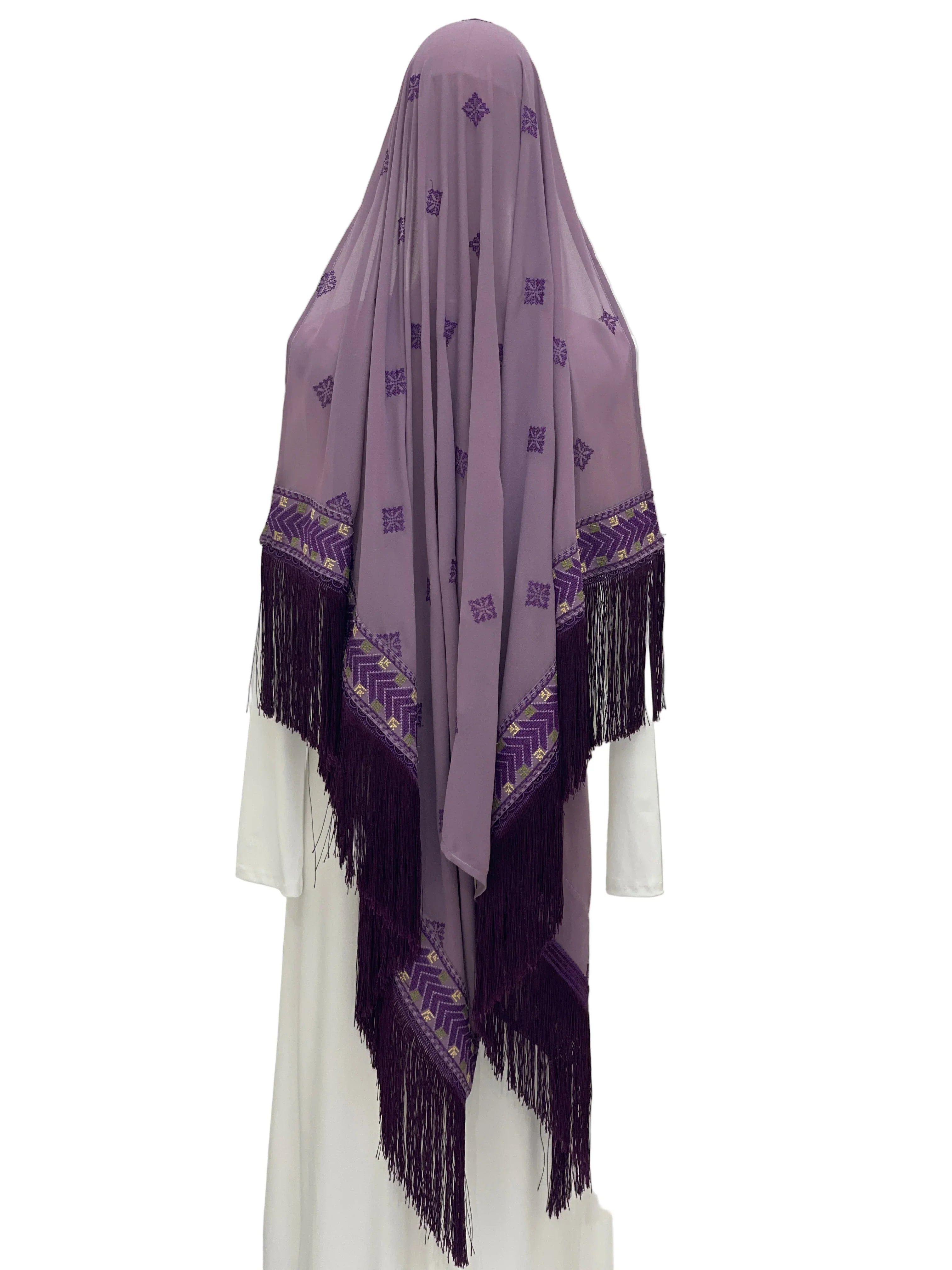 Amethyst Breeze Khirka-Shawl featuring intricate embroidery and elegant fringe design for stylish coverage