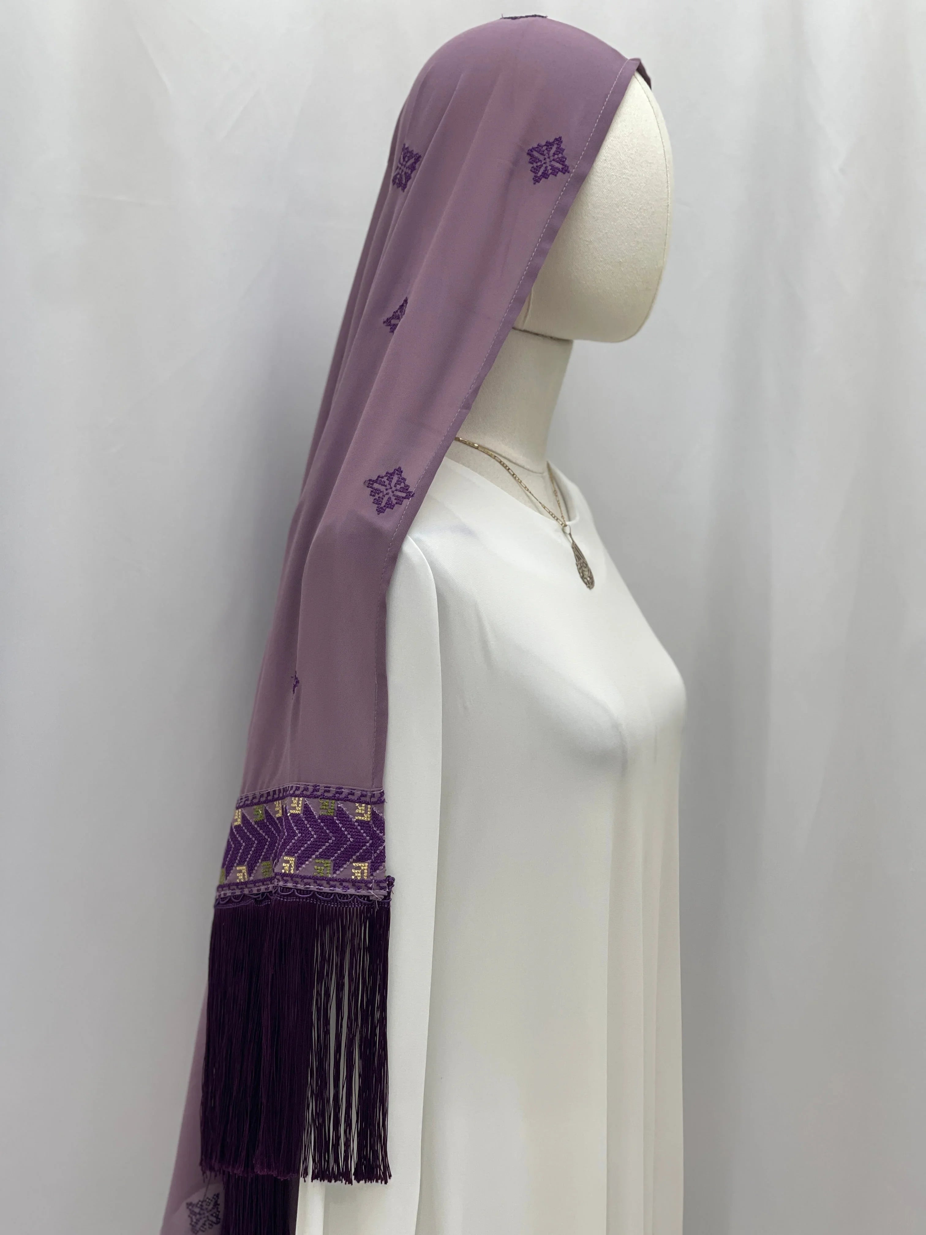 Amethyst Breeze Khirka-Shawl with intricate embroidery and elegant fringes, perfect for stylish occasions.
