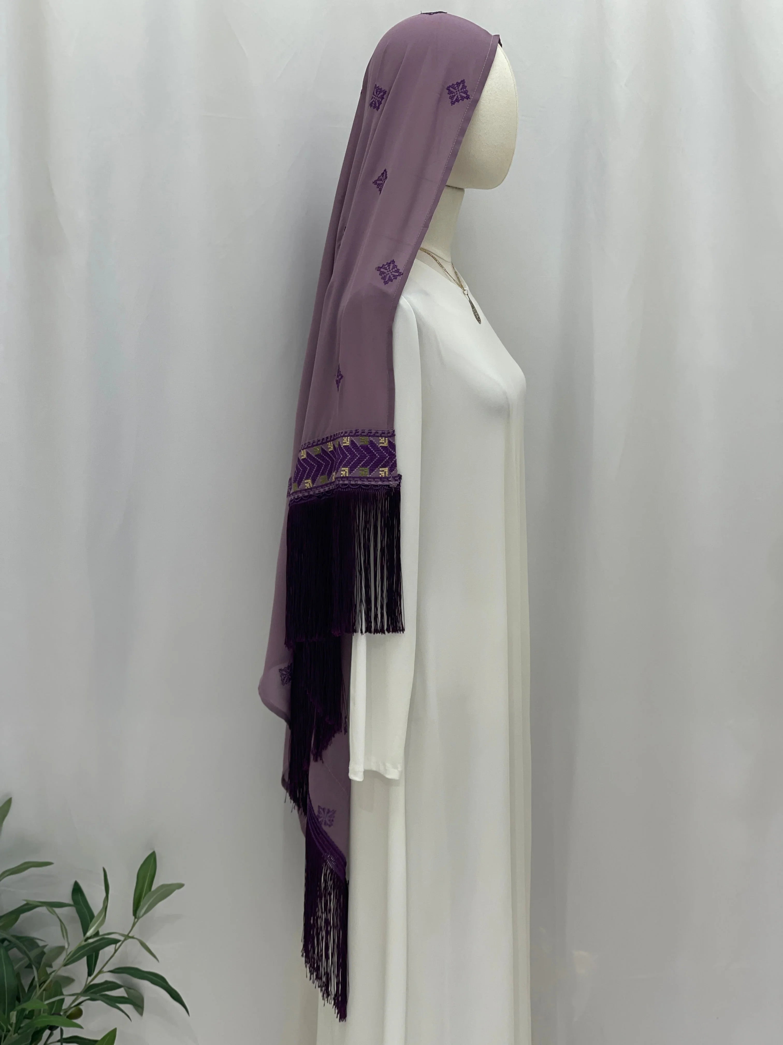 Amethyst Breeze Khirka-Shawl with elegant embroidery and fringe, perfect for stylish cover-up