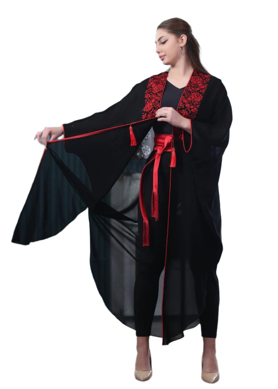 Luxury embroidered bisht in black with red floral embroidery and waist tie by Palestinian Elegance