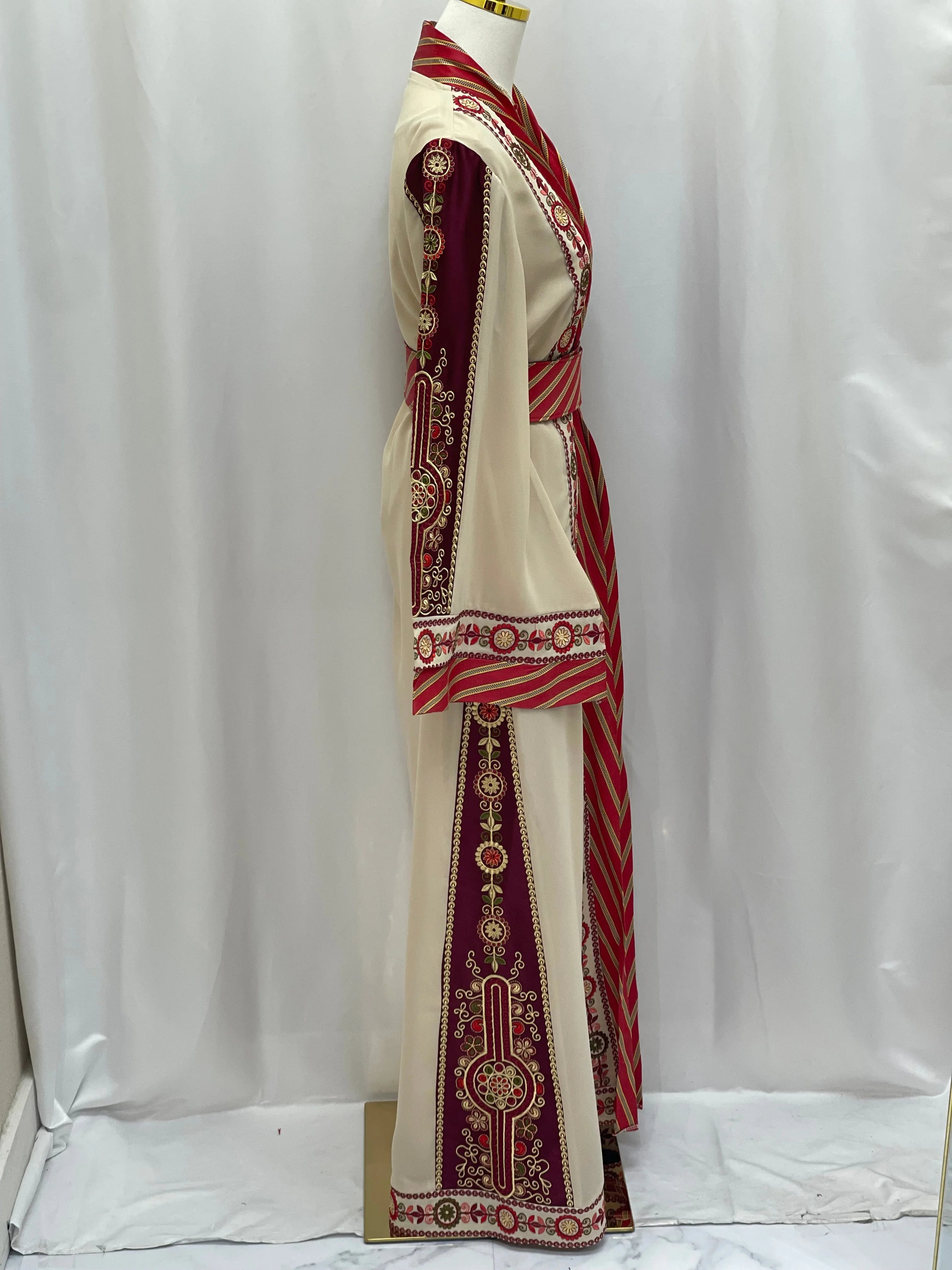 Embroidered Kashmir abaya in cream with red and gold detailed embroidery on sleeves and sides