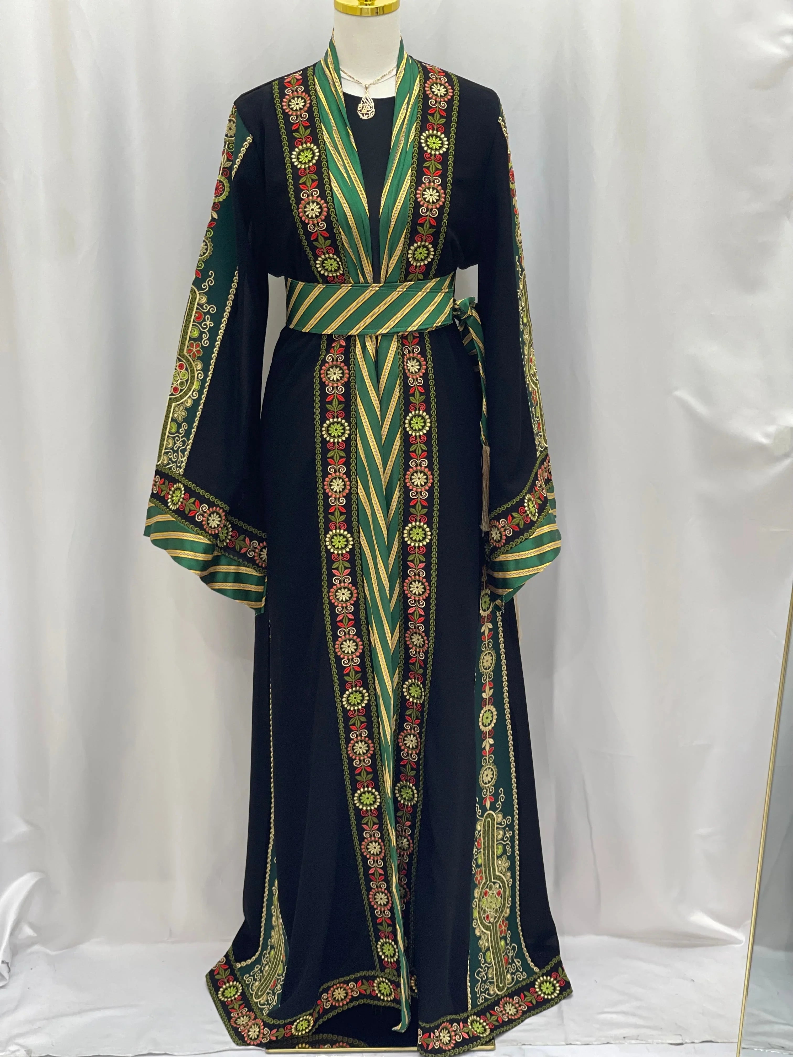 Palestinian Elegance embroidered Kashmir abaya with intricate green and red embroidery on black fabric