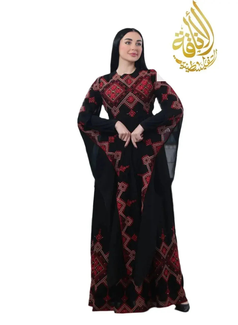 Black modern embroidered Palestinian dress with red geometric embroidery by Palestinian Elegance