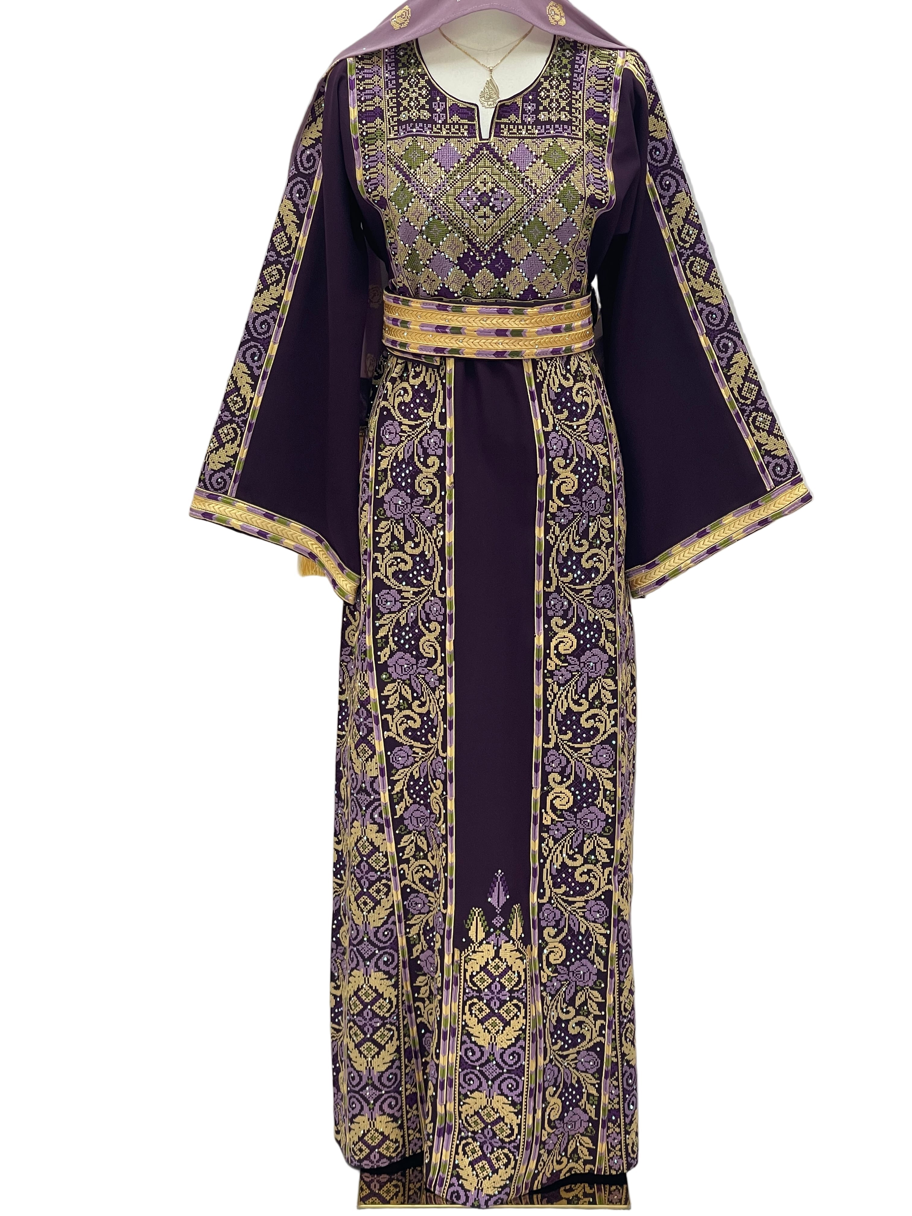 Arjwan Embroidered Thoub in rich purple with intricate gold embroidery for elegant occasions