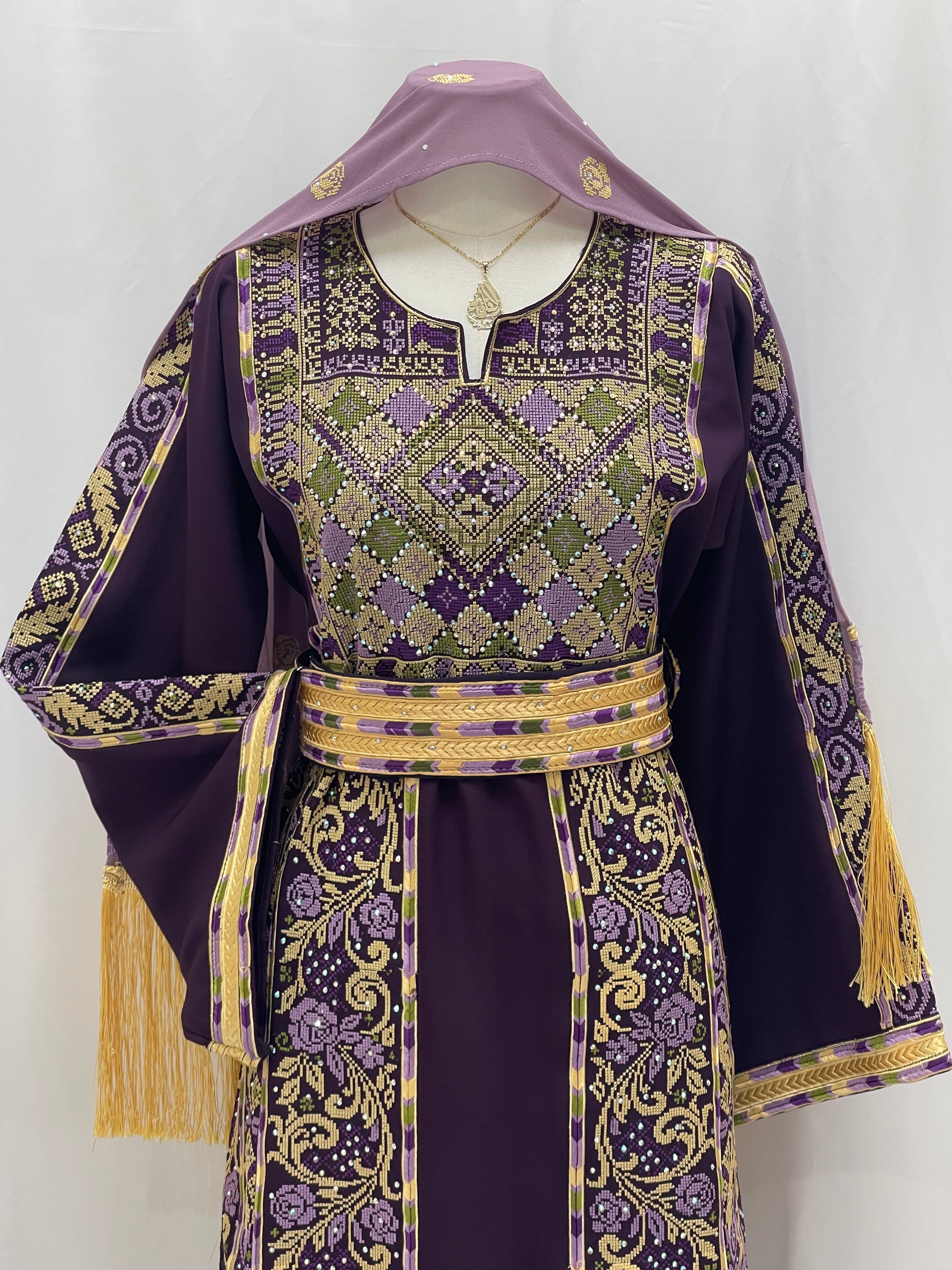 Arjwan Embroidered Thoub in deep purple with intricate floral designs and fringed detailing