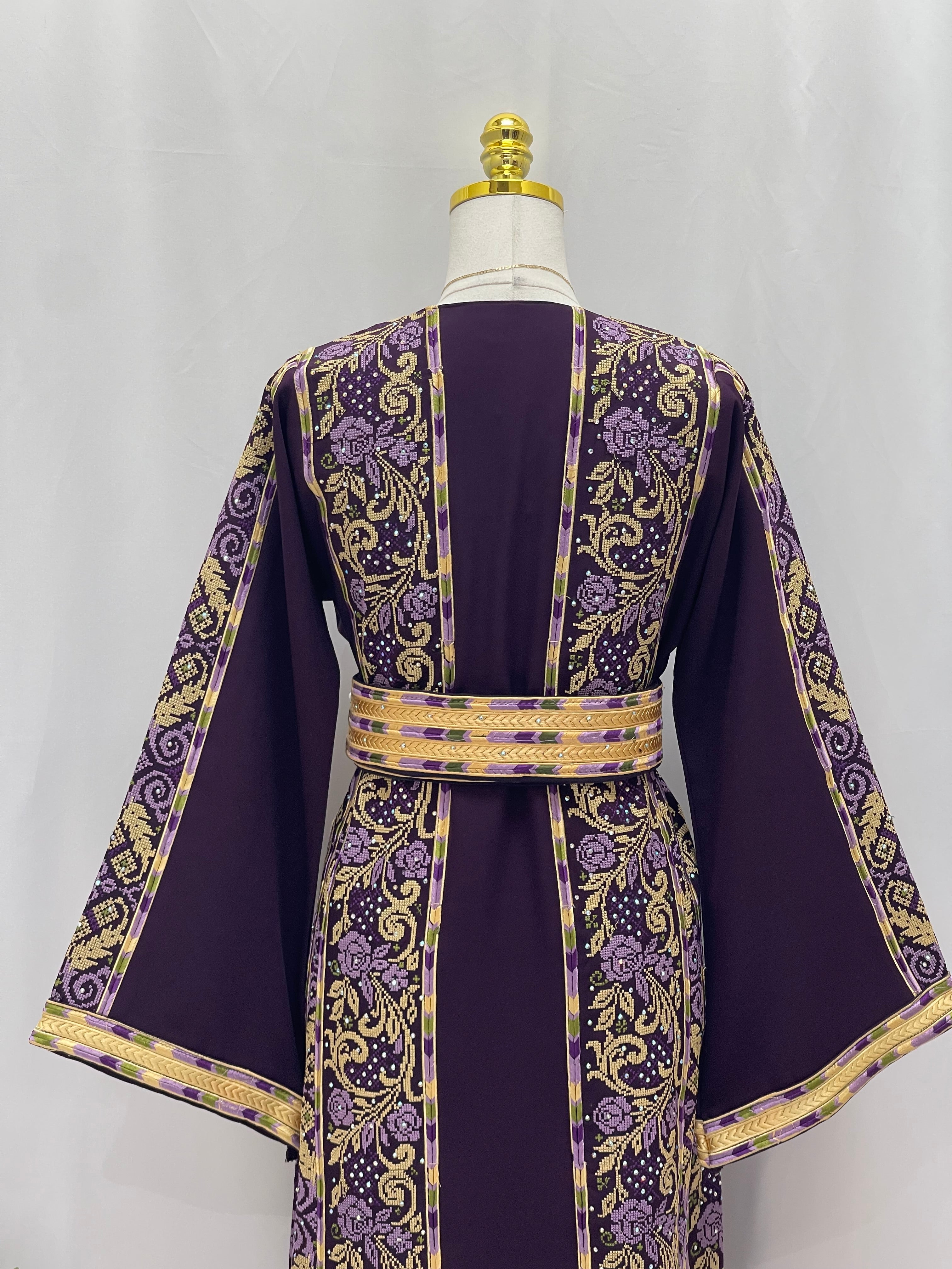 Back view of Arjwan Embroidered Thoub in deep purple with intricate floral patterns and matching belt