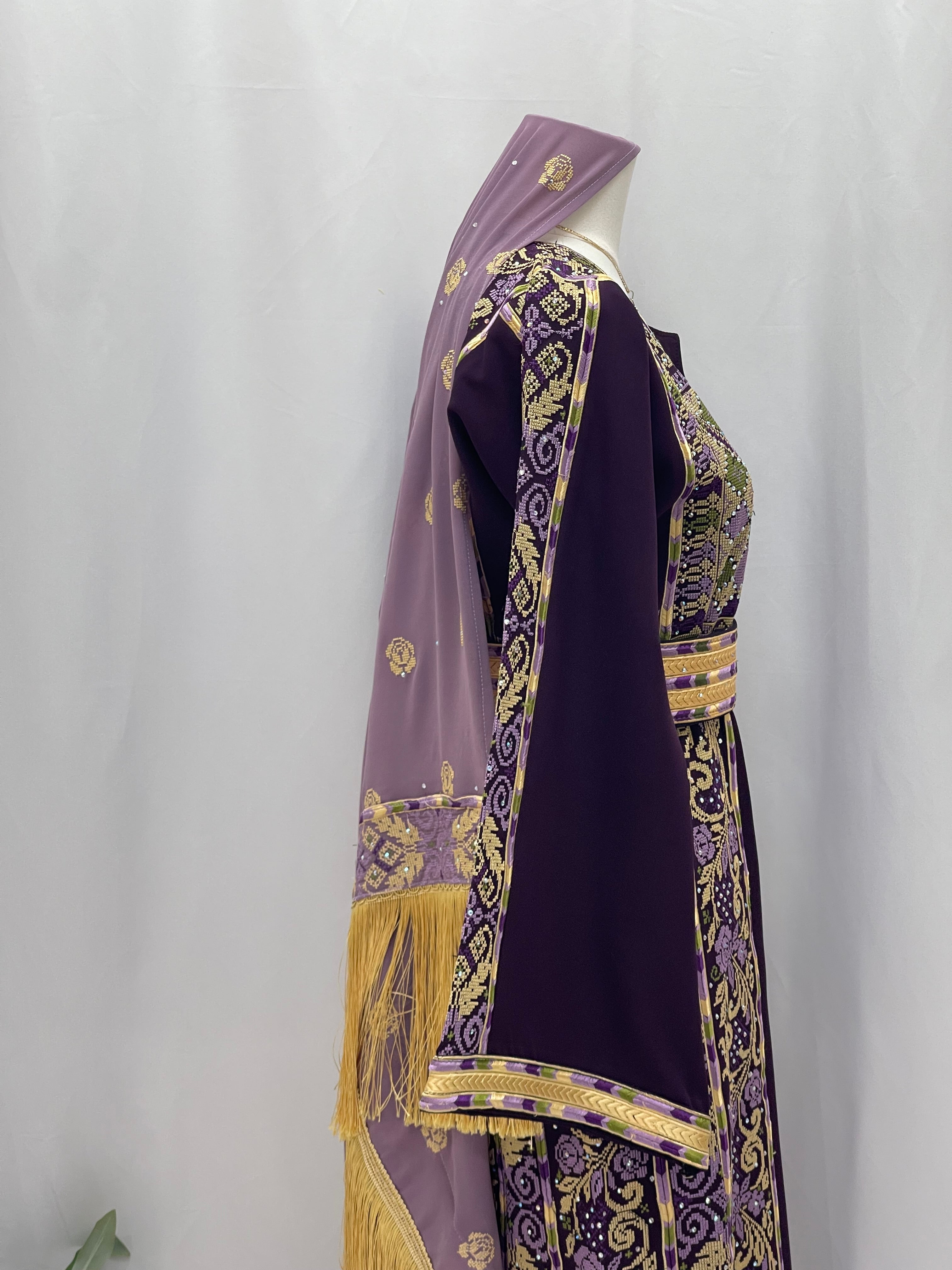 Arjwan Embroidered Thoub in rich purple with intricate gold embroidery and a stylish matching scarf