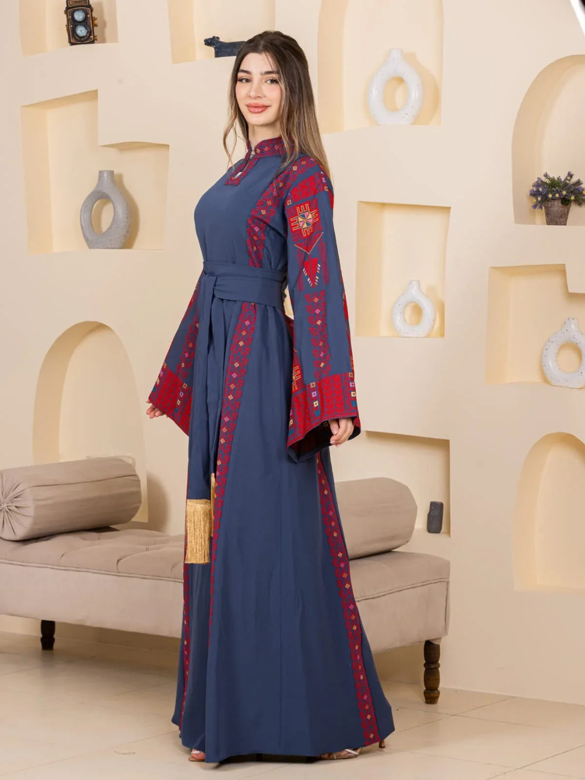 Asala Embroidered Thoub navy full length Palestinian Elegance thobe with red geometric embroidery and waist tie