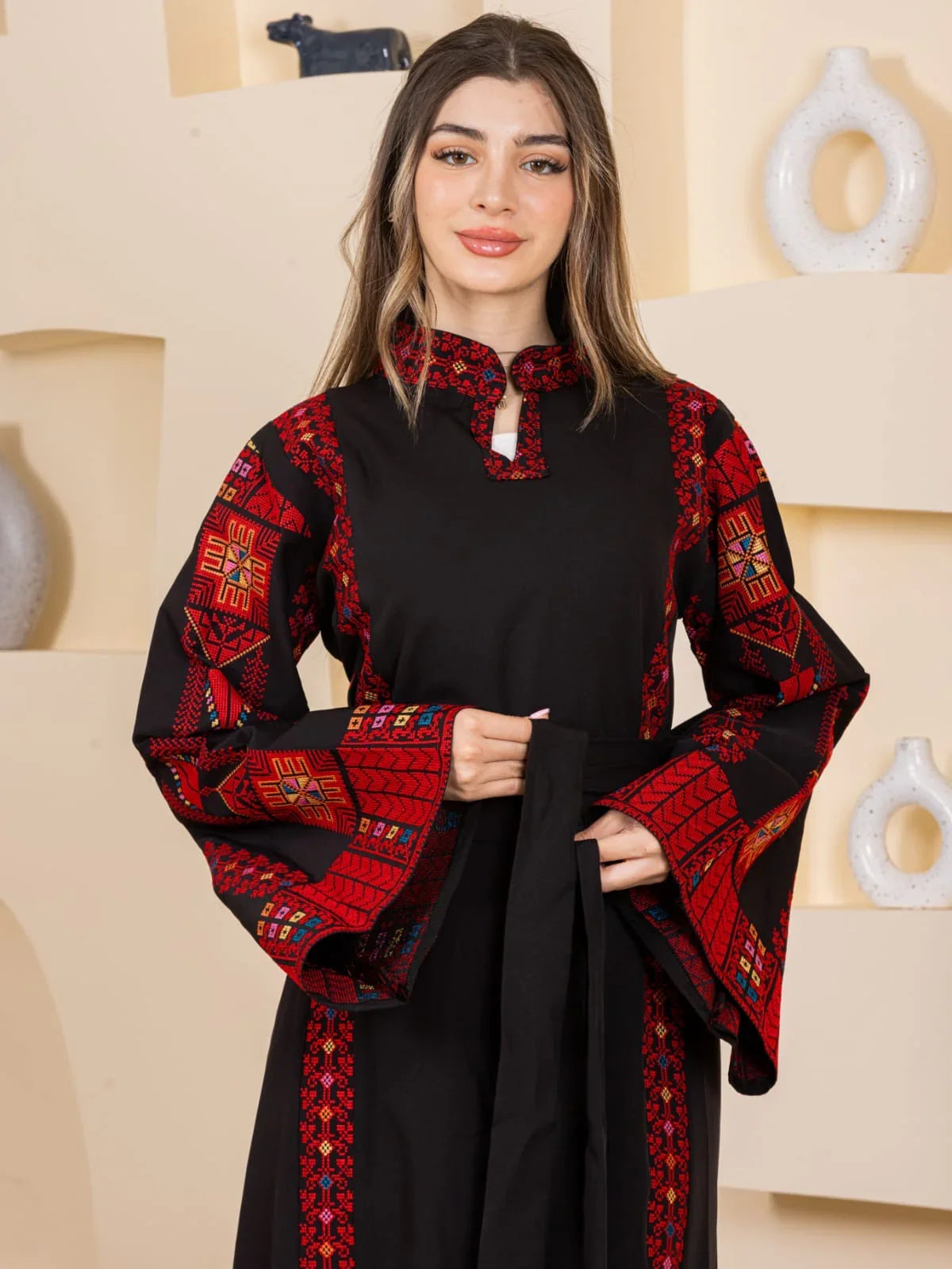 Asala Embroidered Thoub black thoub with red Palestinian embroidery geometric panels and wide bell sleeves