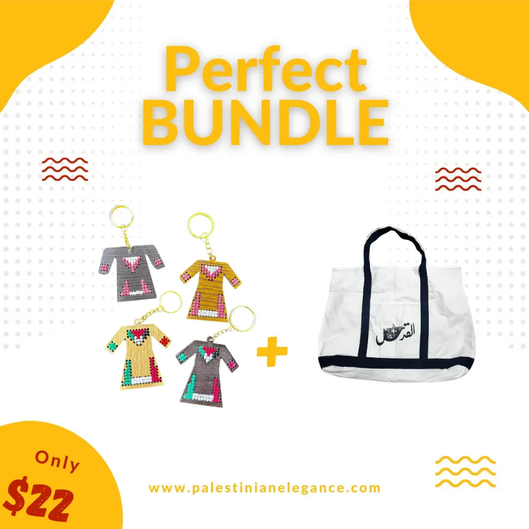Palestinian Elegance bundle with four colorful Dress Shaped Wood keychains in tatreez patterns and white tote bag