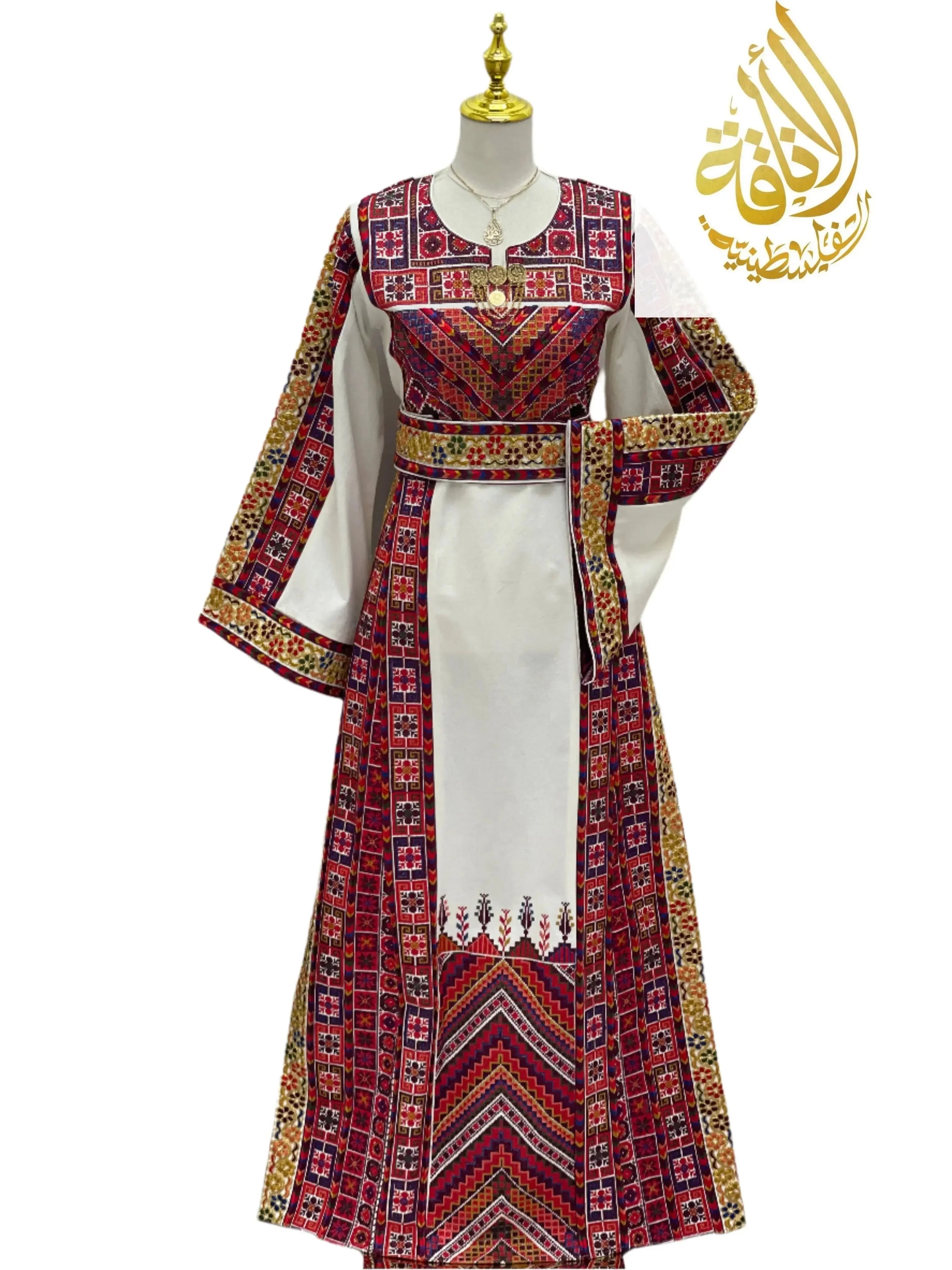 Azhar Atameen Embroidered Thoub by Palestinian Elegance with detailed red and gold embroidery on long sleeves and front panel