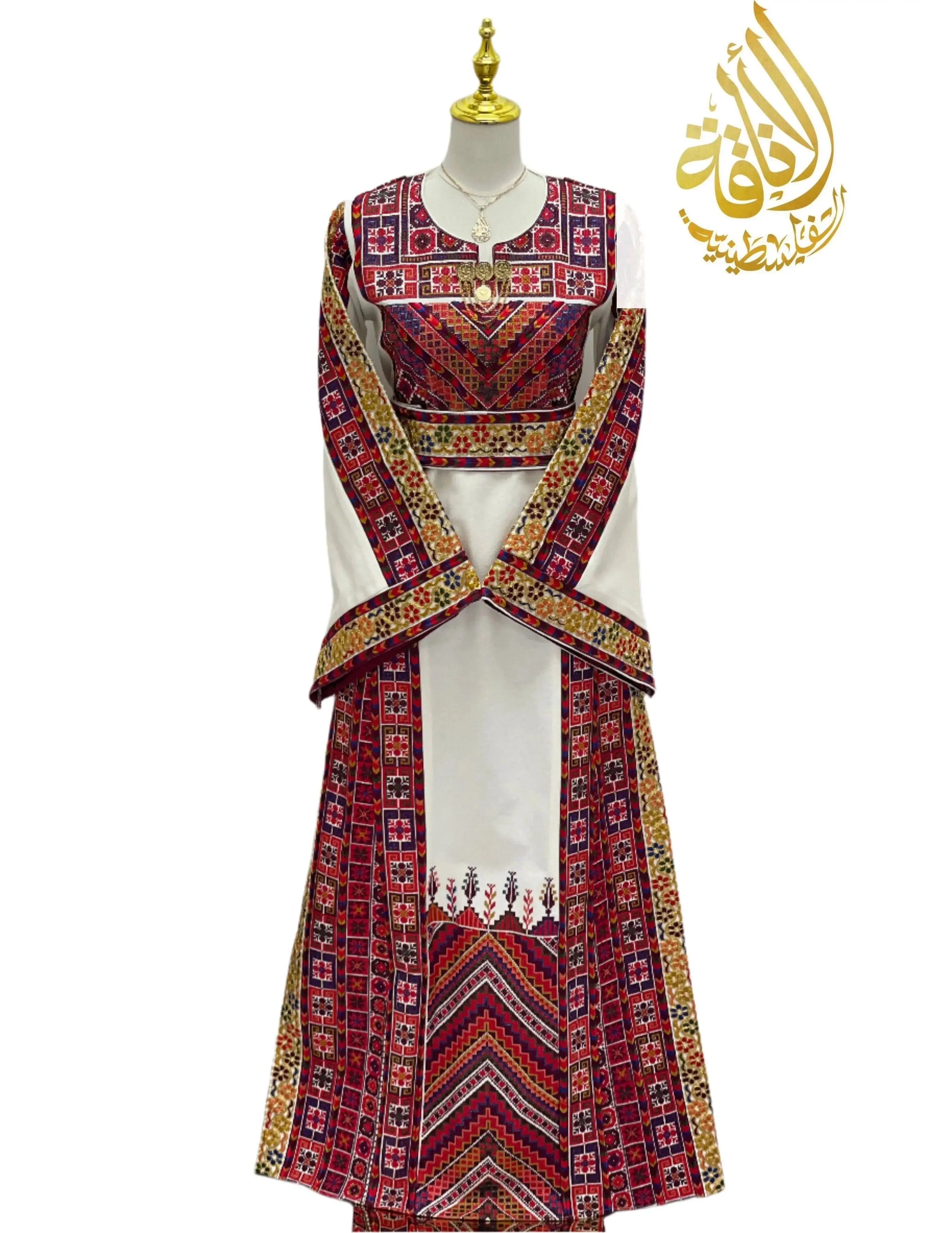 Azhar Atameen Embroidered Thoub with intricate red and gold traditional embroidery by Palestinian Elegance