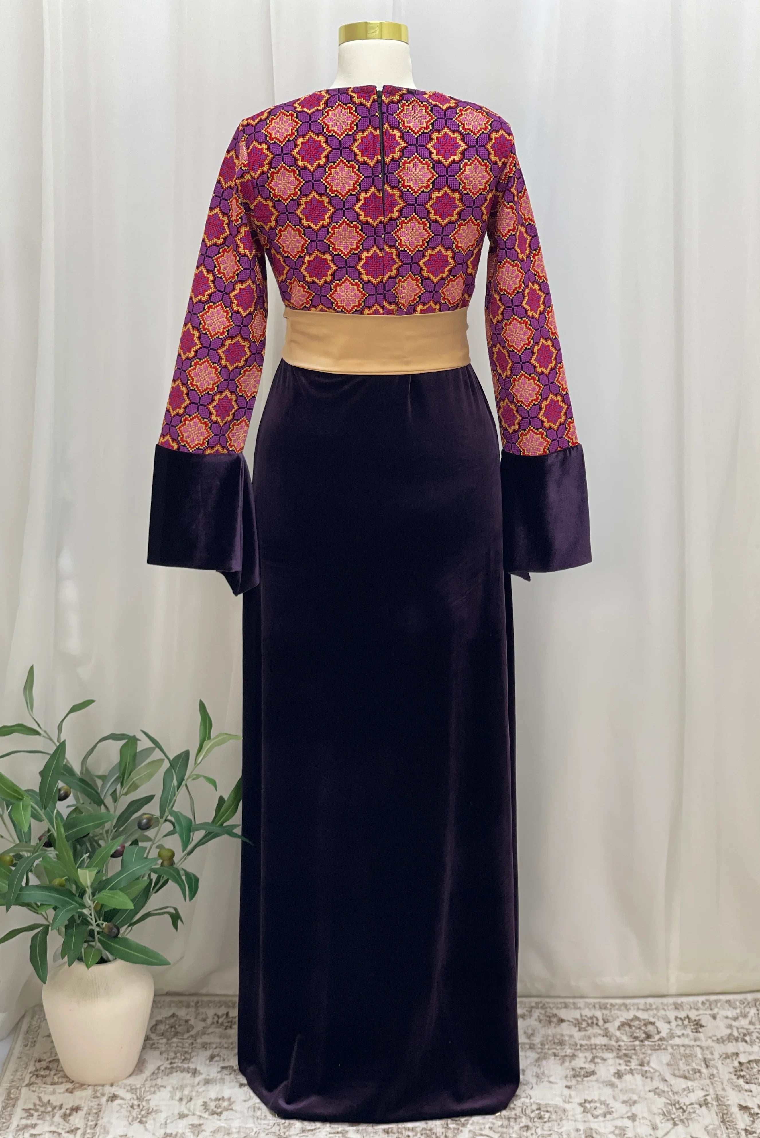 Embroidered Velvet Maxi Dress with Satin Belt
