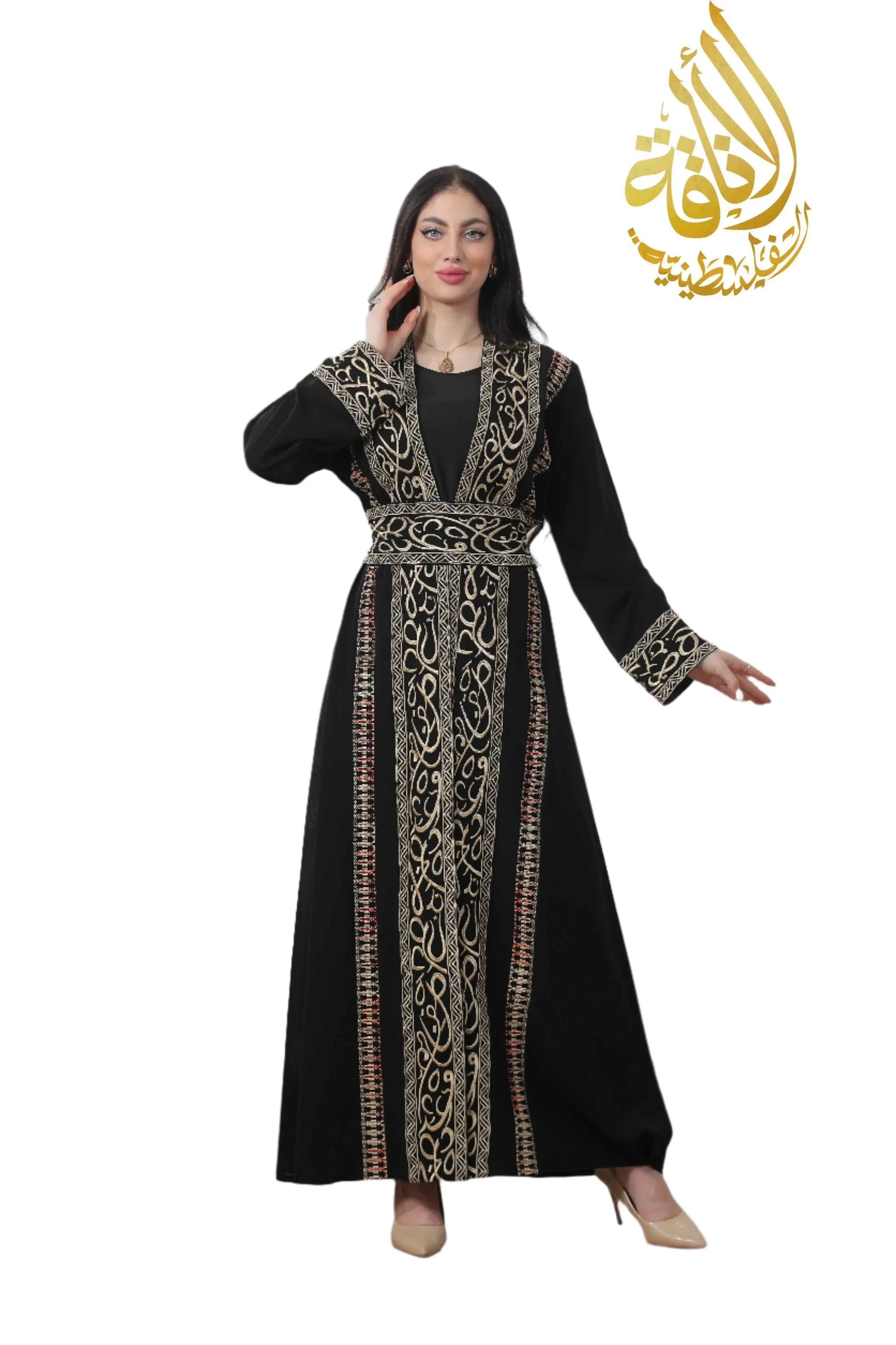 Palestinian Elegance black thoub featuring Basma Arabic letters with heritage embroidery Bisht on a female model