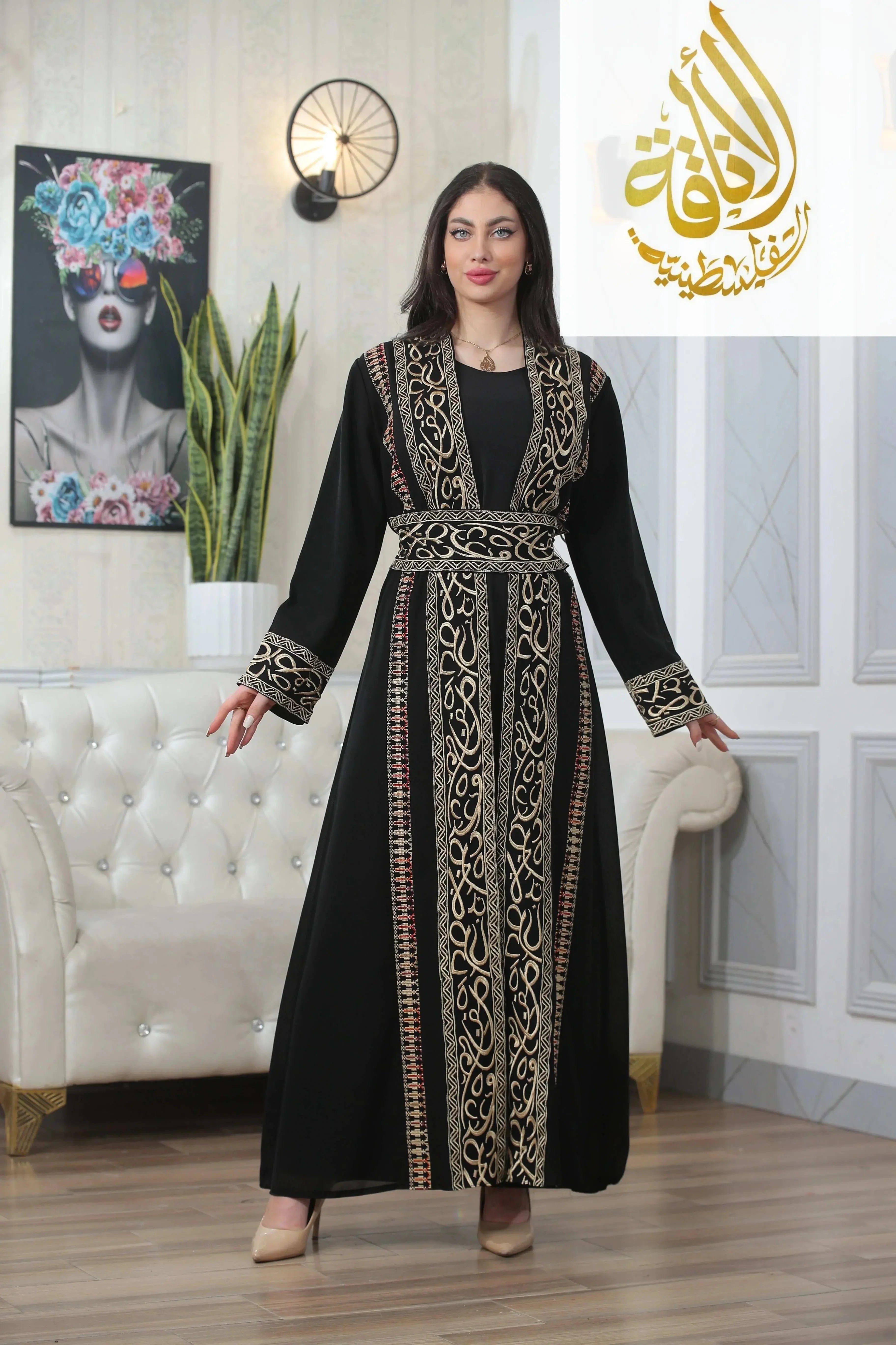 Palestinian Elegance thoub featuring Basma Arabic letters with heritage embroidery Bisht in black with gold details